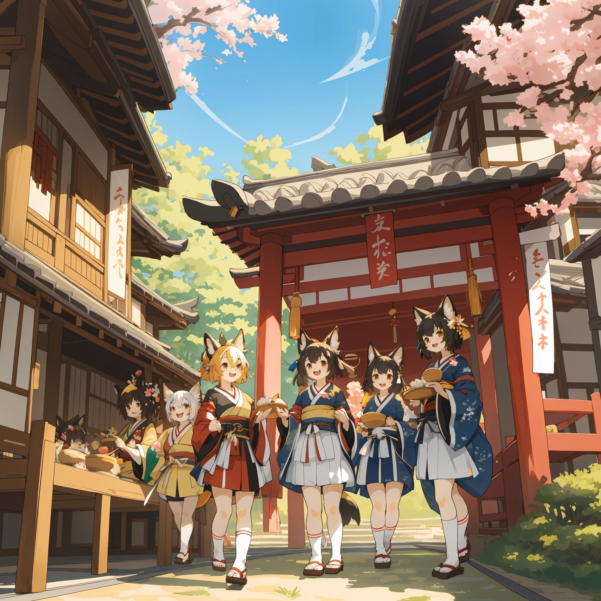 top quality, best quality, High-quality illustrations, masterpiece, super high resolution, detailed background, 6+girls, japanese festival, absurdres, perfect anatomy(kemono)(furry anthro)happy,