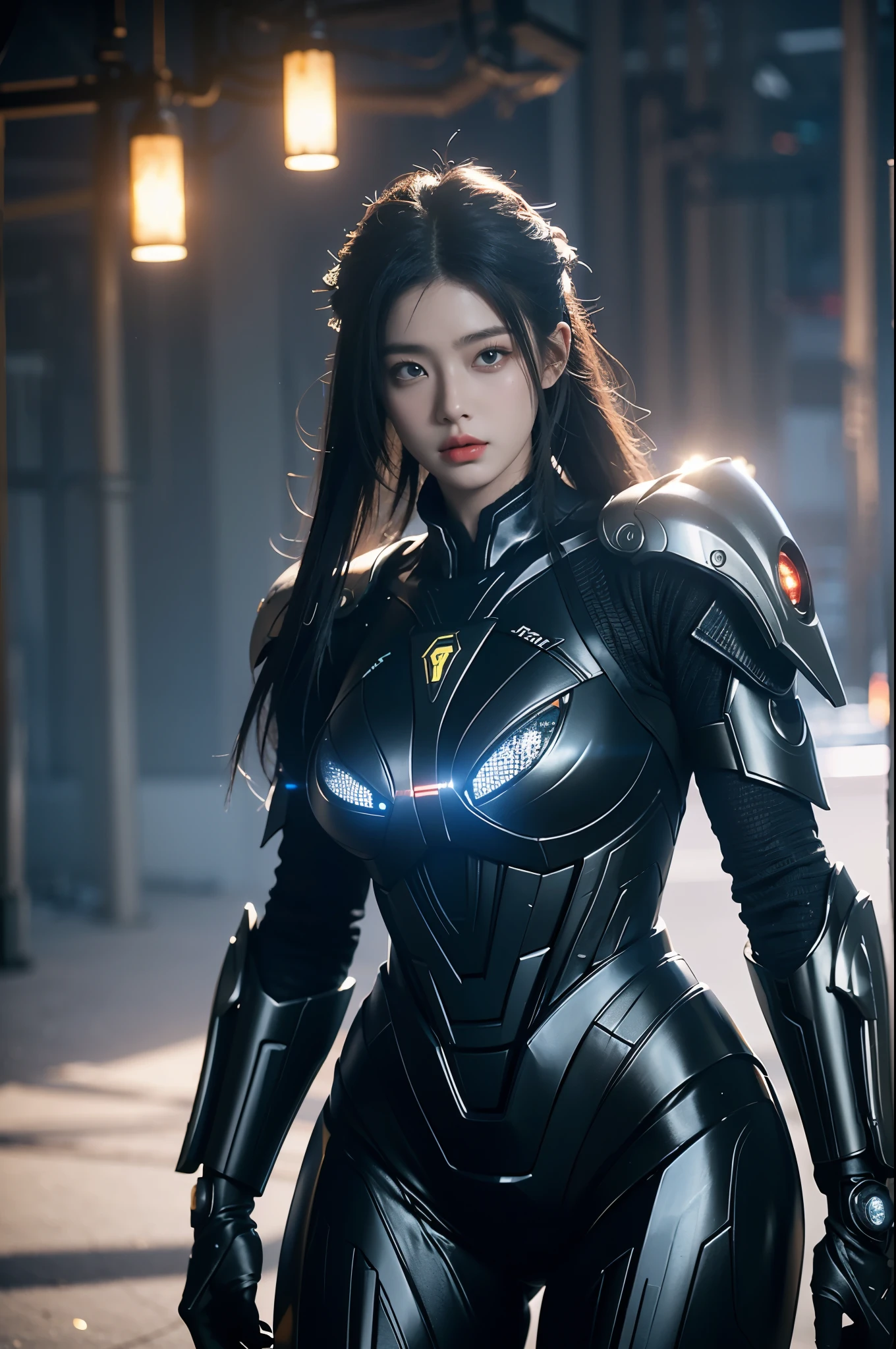 game art,best picture quality,Highest resolution,8k,((A half-length photo)),((portrait)),(rule of thirds),Unreal Engine 5 rendering works, (Future girl),(female warrior), 22-year-old young hacker),(ancient oriental hairstyle),(Beautiful eyes full of details),(big breasts),(eye shadow),Elegant and charming,indifferent,((frown)),(A battle suit full of futuristic technology,The costume combines futuristic power armor and,Clothing is decorated with glittering patterns and emblems),cyberpunk characters,in the style of futuristic, photo poses,city background,lamp,Ray tracing,Game CG,((3D Unreal Engine)),OC rendering reflection pattern