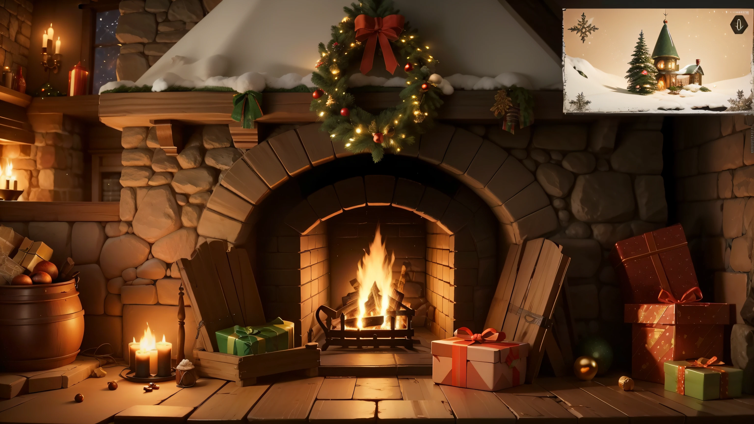 fireplace with christmas decorations and presents in front of it, in fantasy tavern near fireplace, elves house, interior gameplay screenshot, pc screenshot, screenshot from the game, cosy fireplace, irori fireplace, screenshot from game, santa's workshop, cosy enchanted scene, video game screenshot>, cozy wallpaper, christmas night, cozy environment, gameplay still, rendered in unreal 5, roaring fire