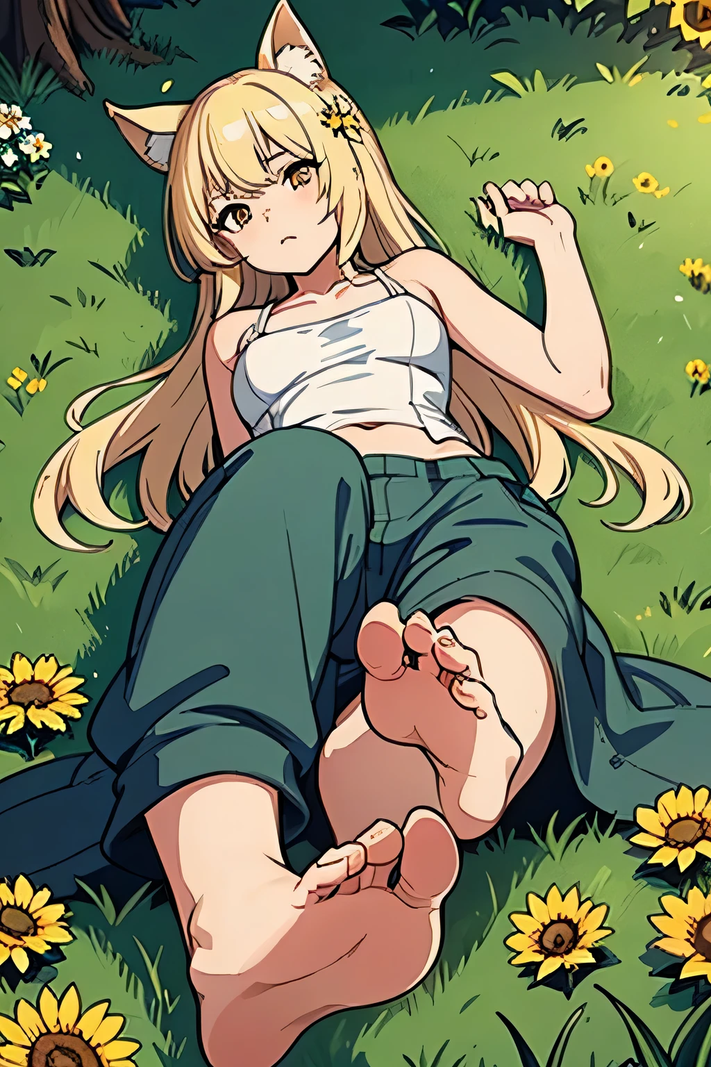 1 chica, orejas de animales, Hombros descubiertos, Descalzo, Pelo rubio, arbusto, margarita, dandelion, day, pies, Fingering, flor, enfoque del pie, desde abajo, garden, grass, pelo largo, sin bragas, on grass, en el suelo, al aire libre, pantalones, pantalones pull, plant, presenting pussy, soles, solo, sunflor, dedos de los pies, tree, tree stump, under tree, yellow flor