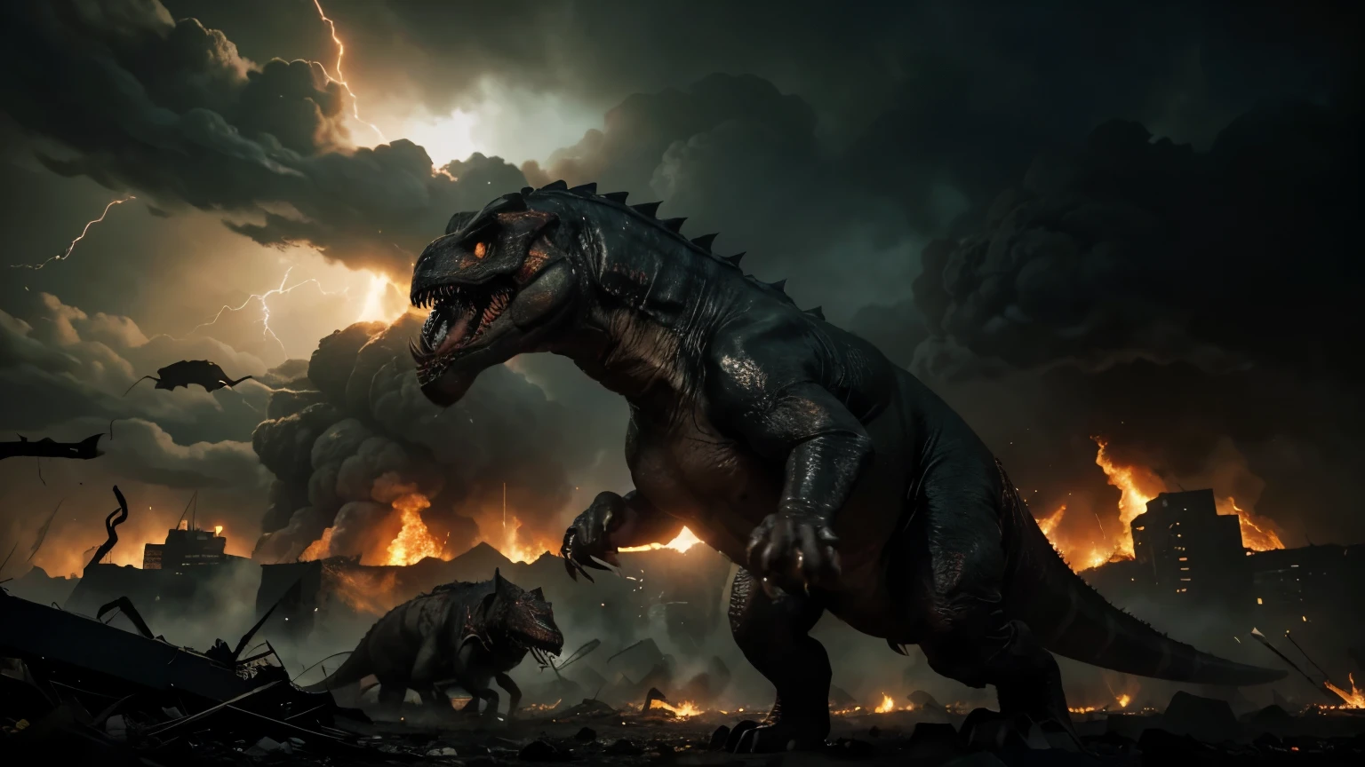 (a group of dinosaurs:1.1) facing the (apocalypse,doomsday) scene, (intense,chaotic) atmosphere, (dark,ominous) sky, (destructive,devastating) storms and lightning, (black,heavy) clouds, (shattered,torn) landscapes, (smoke,dust) filling the air, (fire,explosions) in the distance. The (mighty,ferocious) dinosaurs are (running,fleeing) in fear, their (massive,enormous) bodies shaking the ground. The (intense,terrified) expressions on their faces are evident as they (struggle,fight) against the (catastrophic,collapse) happening around them.
In the midst of chaos, (colorful,vibrant) flora and fauna still thrive, (lush,green) forests and (exotic,tropical) plants create a stunning contrast against the backdrop of destruction. The (dinosaur's colossal,prehistoric) scales and (sharp,fierce) claws are (glistening,reflecting) the (faint,waning) sunlight. The ground is covered in (broken,crushed) rocks and (tangled,uprooted) trees. The shattered remains of buildings and vehicles can be seen scattered throughout the scene.
The (dinosaur's,creature's) (determined,resilient) eyes are (glowing,shining) with (courage,defiance) as they search for safety and fight to survive. Their long tails swish through the air, leaving a (trail,whirl) of dust behind them.
The (apocalyptic,dystopian) atmosphere is intensified by the (haunting,eerie) silence broken only by the (deafening,thunderous) sounds of destruction. The (ominous,unforgiving) lighting casts (sharp,striking) shadows on the dinosaurs' bodies, highlighting their (majestic,awe-inspiring) presence. The air is filled with the smell of (burning,smoldering) debris and the distant cries of (distressed,terrified) creatures.
With (best quality,highres) details and (ultra-detailed:1.2) textures, the scene captures the (realistic,gritty) essence of the apocalyptic world. The (vivid,contrasting) colors add to the intensity, with hints of (fiery,reddish) oranges and (ominous,dark) purples dominating the sky. The (harsh,dramatic) lighting
