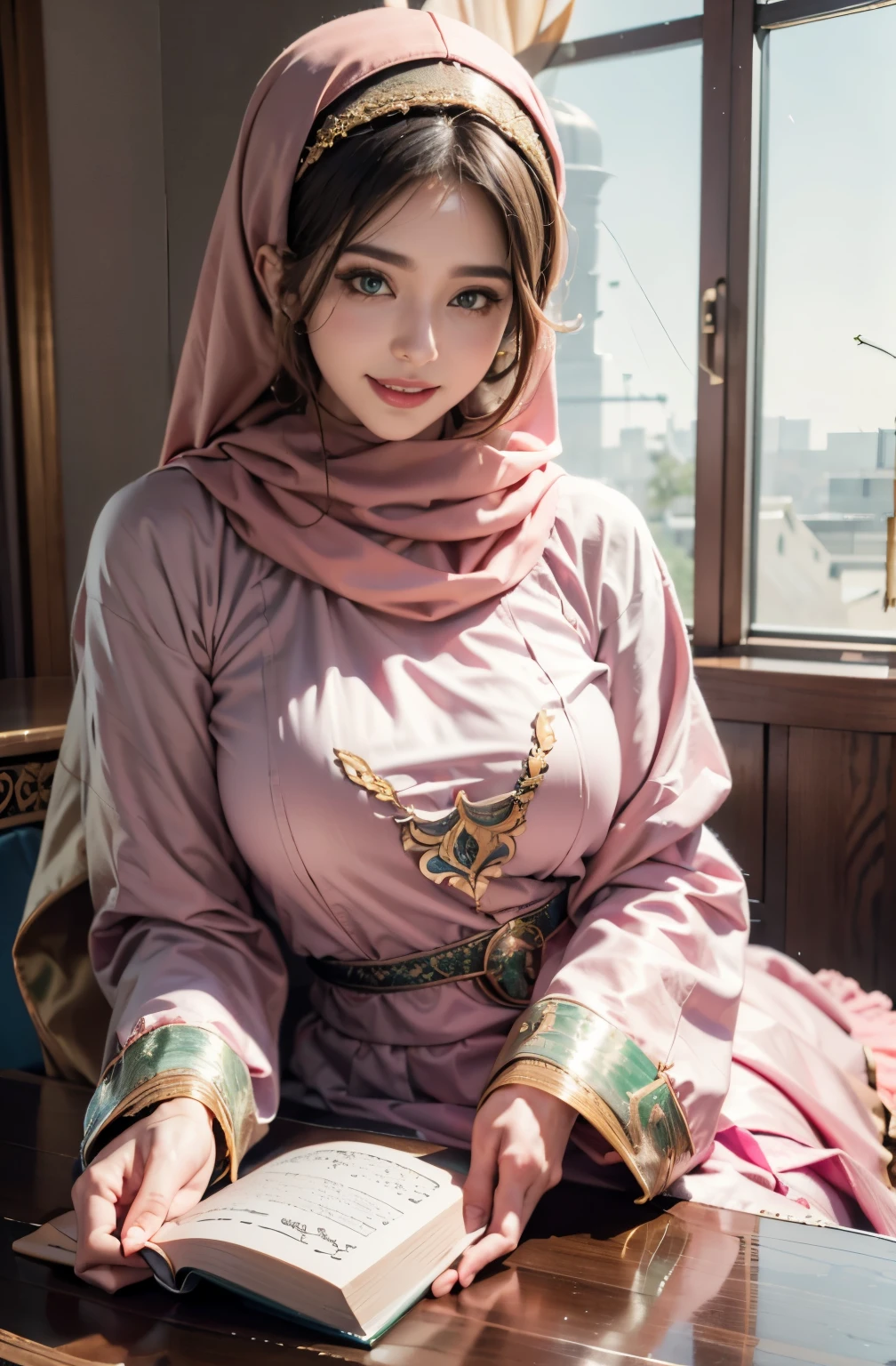 Islamic caftan dress outfit princess hyper realistic super detailed Dynamic, beautiful face, green eyes, pink geek, warm smile, masterstroke, full islamic hijab,full islamic dress, siting in the room reading a holy book