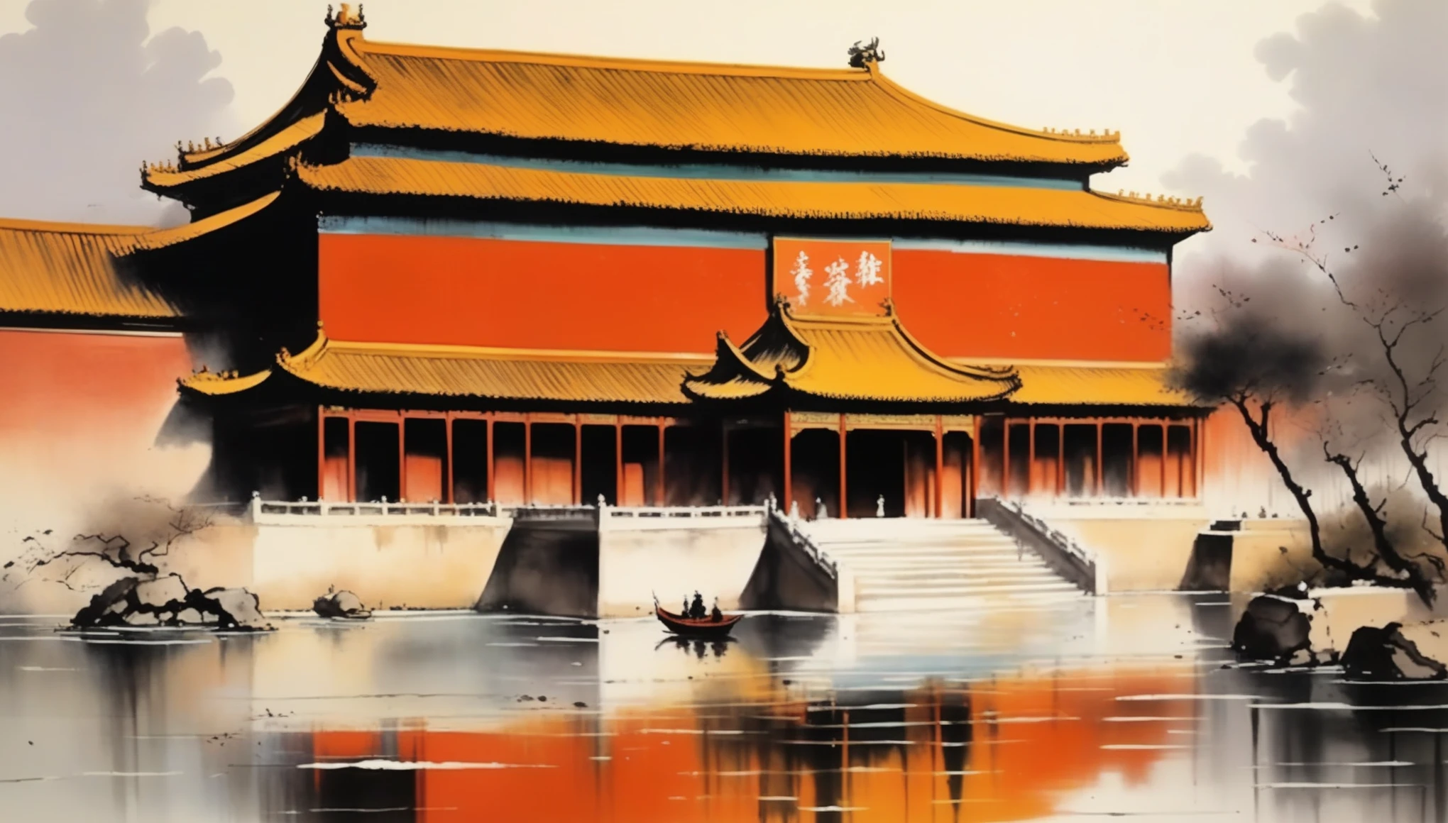 Works by Wu Guanzhong, (Architecture of the Forbidden City), Wu Guanzhong's style is an artistic style that combines traditional Chinese ink painting techniques with Western concepts, characterized by the use of modern perspectives in interpreting traditional themes and creating unique visual effects through color and line.