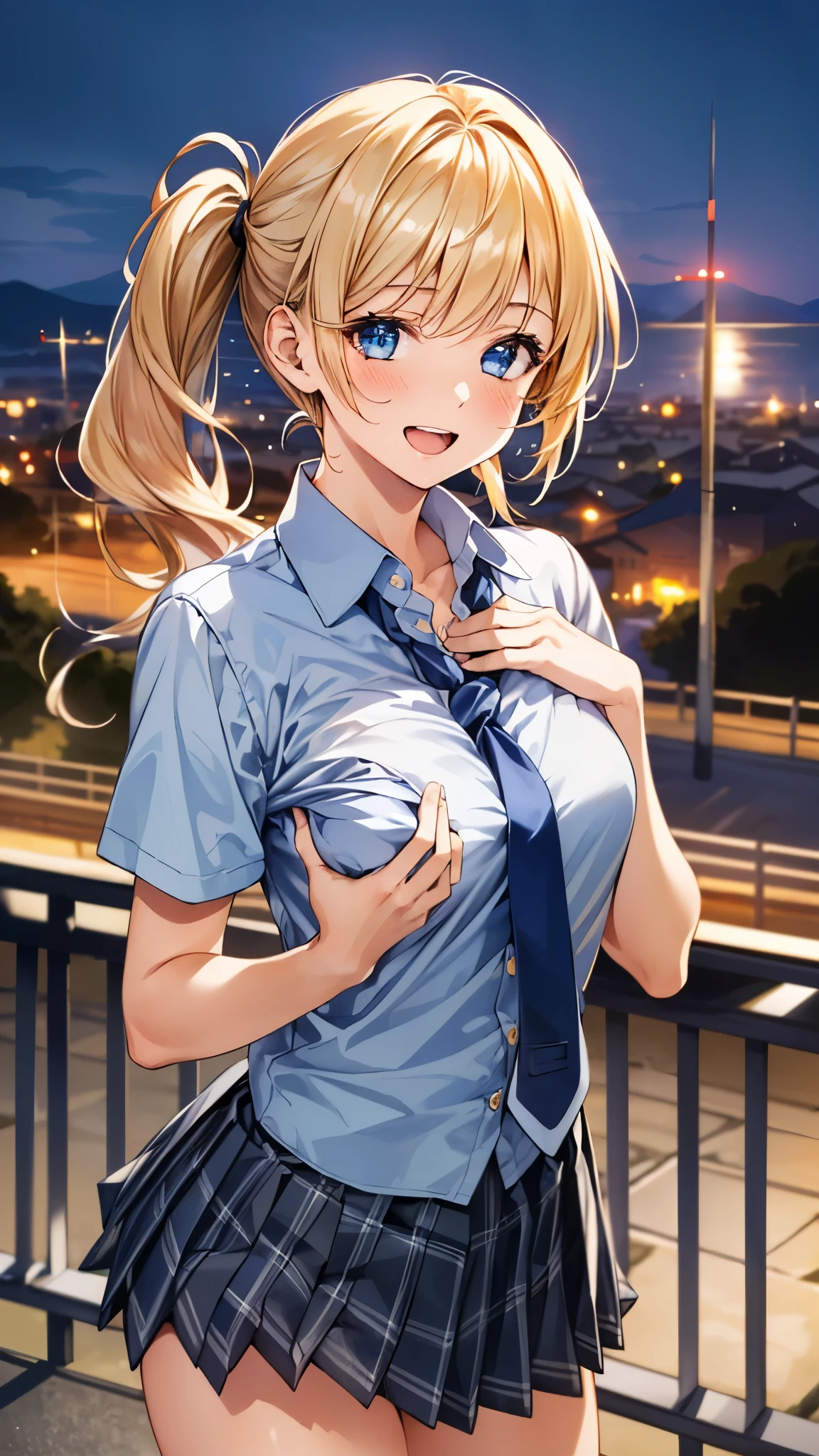 (masterpiece:1.3, top-quality, ultra high res, ultra detailed), (realistic:1.1, photorealistic:1.4), beautiful illustration, perfect lighting, colorful, depth of fields,
beautiful detailed hair, beautiful detailed face, beautiful detailed eyes, beautiful clavicle, beautiful body, beautiful chest, beautiful thigh, beautiful legs, beautiful fingers,
looking at viewer, 1 girl, japanese, high school girl, perfect face, (perfect anatomy, anatomically correct), cute and symmetrical face, face, suntan, shiny skin,
(middle hair:1.5, twintails:1.2, blonde hair), asymmetrical bangs, blue eyes, long eye lasher, (medium breasts), slender,
((collared short sleeve shirt, light blue shirt, school uniform, grey plaid pleated skirt, navy tie)), light blue panties,
(beautiful scenery), evening, (outdoors, cityscape in the distance), standing, hands on chest, (lovely smile, upper eyes, open mouth),