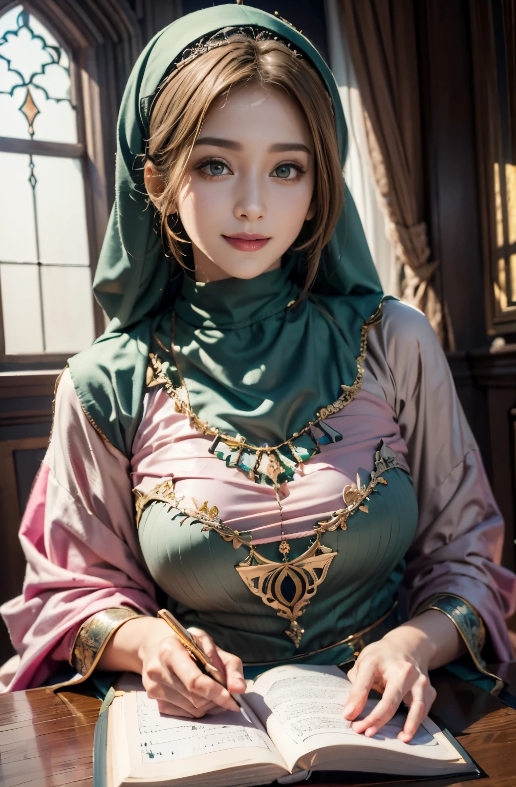 Islamic caftan dress outfit princess hyper realistic super detailed Dynamic, beautiful face, green eyes, pink geek, warm smile, masterstroke, full islamic hijab,full islamic dress, siting in the room reading a holy book