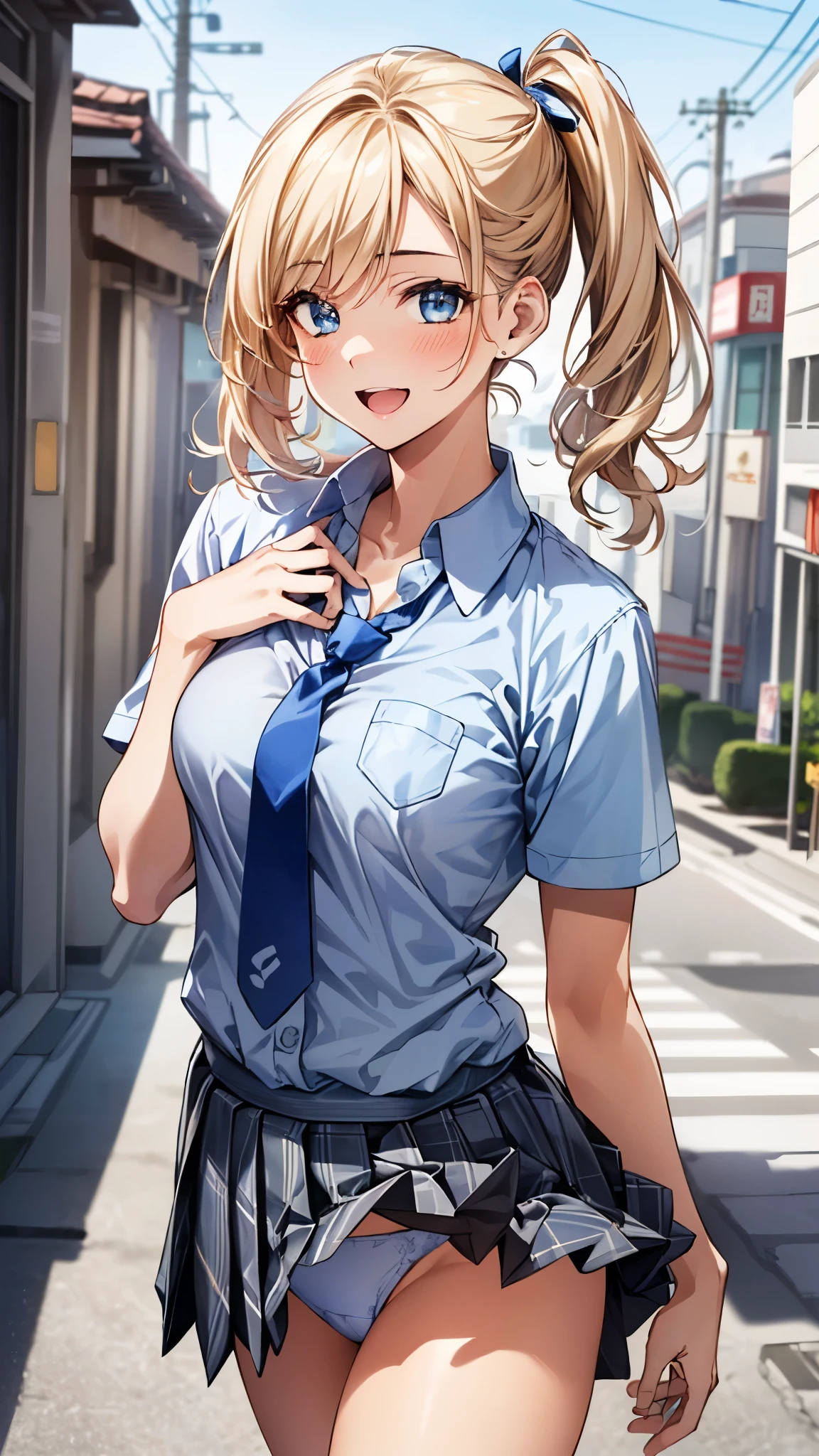 (masterpiece:1.3, top-quality, ultra high res, ultra detailed), (realistic:1.1, photorealistic:1.4), beautiful illustration, perfect lighting, colorful, depth of fields,
beautiful detailed hair, beautiful detailed face, beautiful detailed eyes, beautiful clavicle, beautiful body, beautiful chest, beautiful thigh, beautiful legs, beautiful fingers,
looking at viewer, 1 girl, japanese, high school girl, perfect face, (perfect anatomy, anatomically correct), cute and symmetrical face, face, suntan, shiny skin,
(middle hair:1.5, twintails:1.2, blonde hair), asymmetrical bangs, blue eyes, long eye lasher, (medium breasts), slender,
((collared short sleeve shirt, light blue shirt, school uniform, grey plaid pleated skirt, navy tie)), light blue panties,
(beautiful scenery), evening, (outdoors, cityscape in the distance), standing, hands on chest, (lovely smile, upper eyes, open mouth),