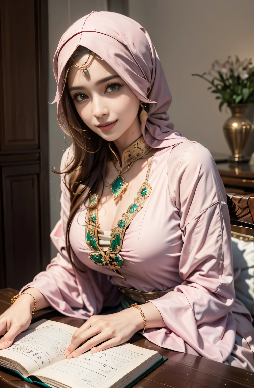Islamic caftan dress outfit princess hyper realistic super detailed Dynamic, beautiful face, green eyes, pink geek, warm smile, masterstroke, with hijab, siting on the room reading a holy book