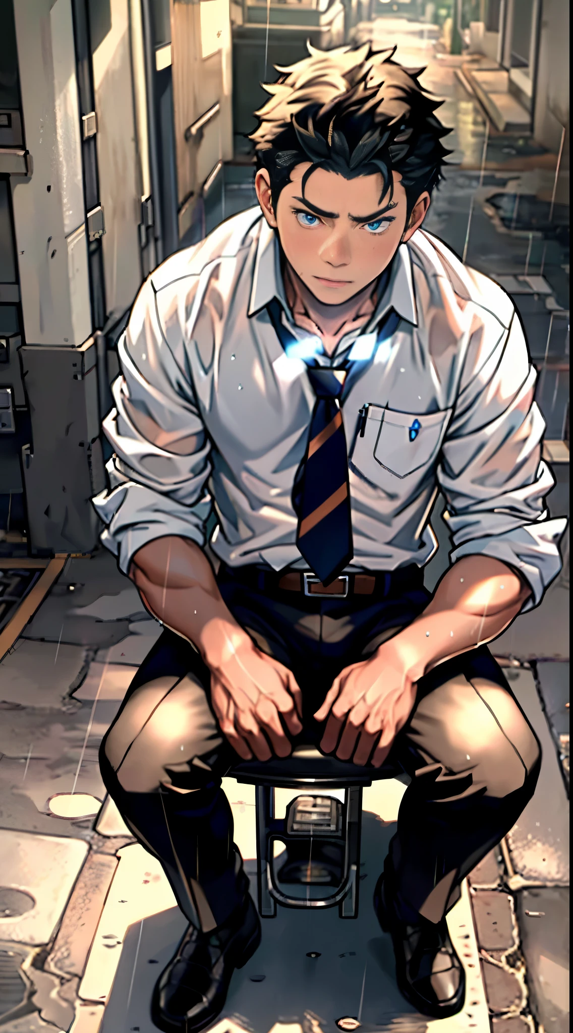 (1 adult male),high resolution, sharp focus, Pixiv masterpiece, ((intricate details)), Very detailed, Natsuki_Subaru, 1 person,sit astride,Close-up of the crotch,crotch view, lazy,Full body female love, blue eyes(eyes glow), short hair,White shirt,wear a tie,wear a belt,breath through,rain,Soaked,Sweating in the crotch,looking from bottom to top