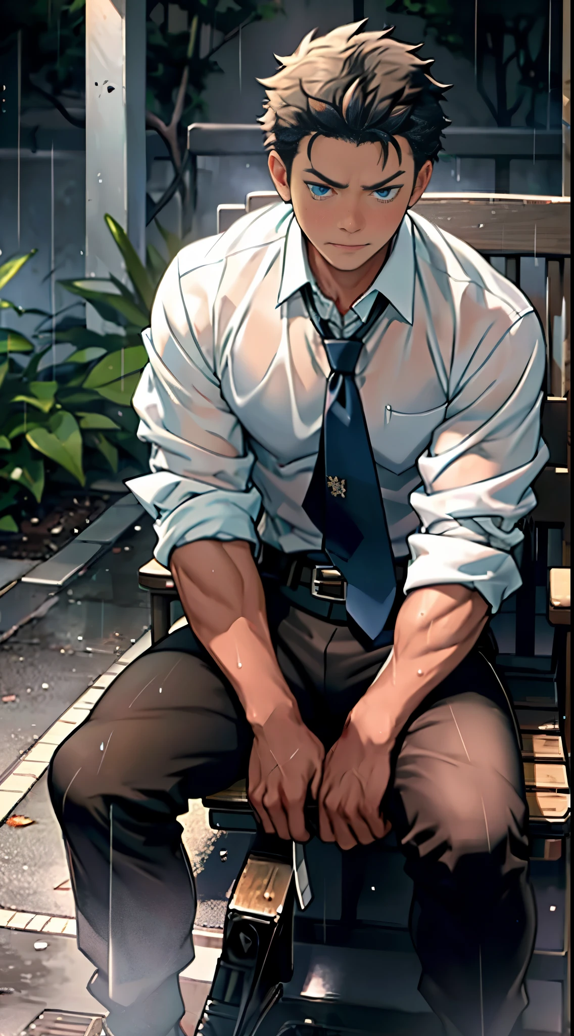 (1 adult male),high resolution, sharp focus, Pixiv masterpiece, ((intricate details)), Very detailed, Natsuki_Subaru, 1 person,sit astride,Close-up of the crotch,crotch view, lazy,Full body female love, blue eyes(eyes glow), short hair,White shirt,wear a tie,wear a belt,breath through,rain,Soaked,Sweating in the crotch,looking from bottom to top