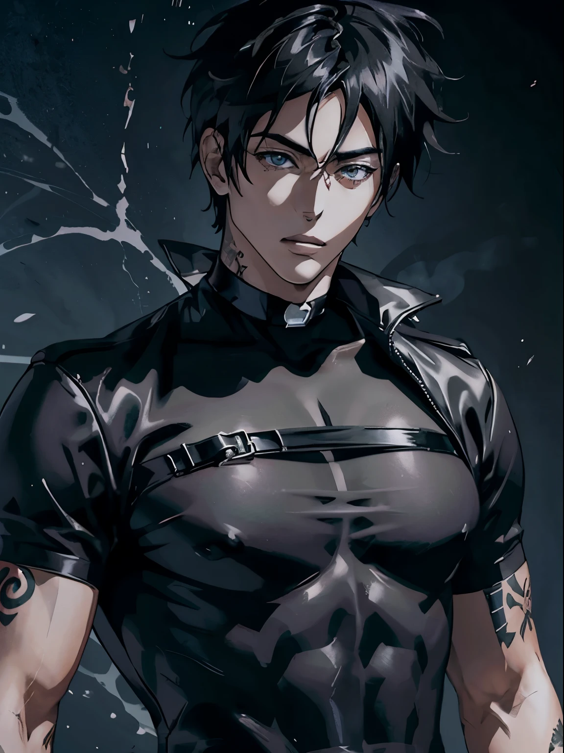 Anime Sexy Man, Guy with dark hair, Black T-shirt, Tattoos, hearts, leather collar on the neck