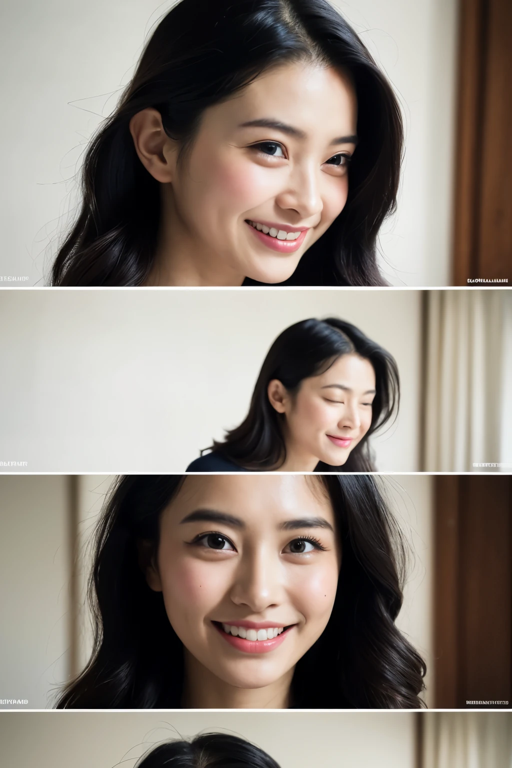 best quality, masterpiece, Highres, 1girl, happy and smile, Beautiful and perfect face, long black hair with Layer Cut, Fullbody, Fullnaked, Complex Details, Cinematic feel, 8K, highlydetailed、Big 、Shot from the waist up、hand on own chest, Distract your gaze、turning sideways、sideshot