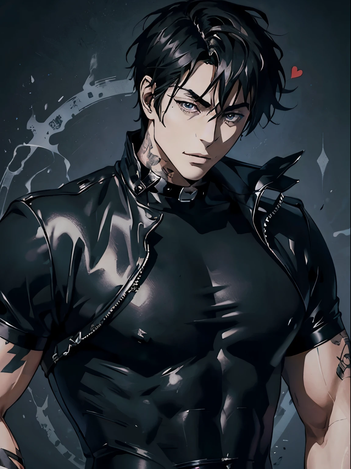 Anime Sexy Man, Guy with dark hair, Black T-shirt, Tattoos, hearts, leather collar on the neck