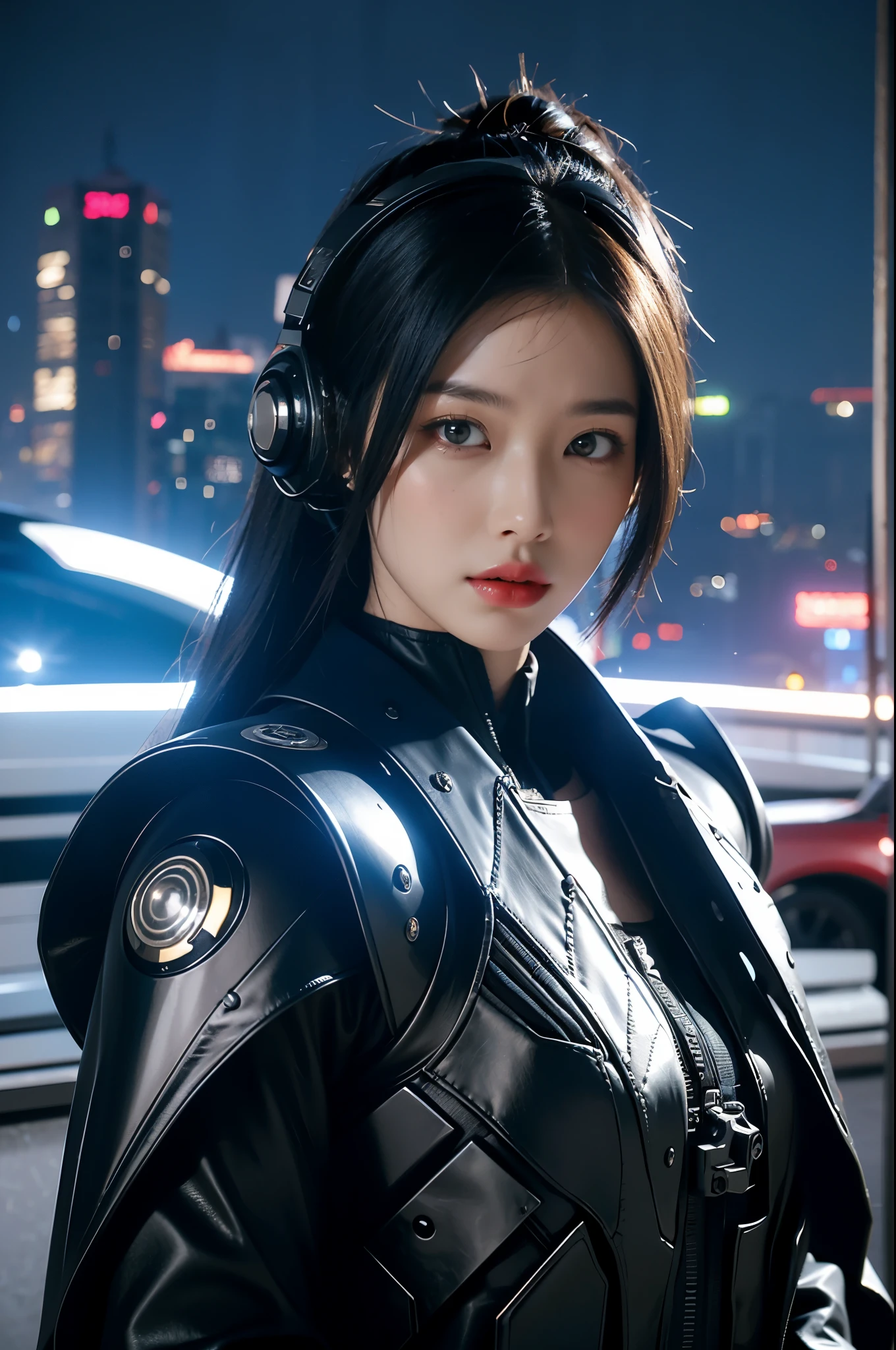 game art,best picture quality,Highest resolution,8k,((A half-length photo)),((portrait)),(rule of thirds),Unreal Engine 5 rendering works, (Future girl),(female warrior), 22-year-old young hacker),(ancient oriental hairstyle),(Beautiful eyes full of details),(big breasts),(eye shadow),Elegant and charming,indifferent,((frown)),(A battle suit full of futuristic technology,The costume combines futuristic power armor and,Clothing is decorated with glittering patterns and emblems),cyberpunk characters,in the style of futuristic, photo poses,city background,lamp,Ray tracing,Game CG,((3D Unreal Engine)),OC rendering reflection pattern