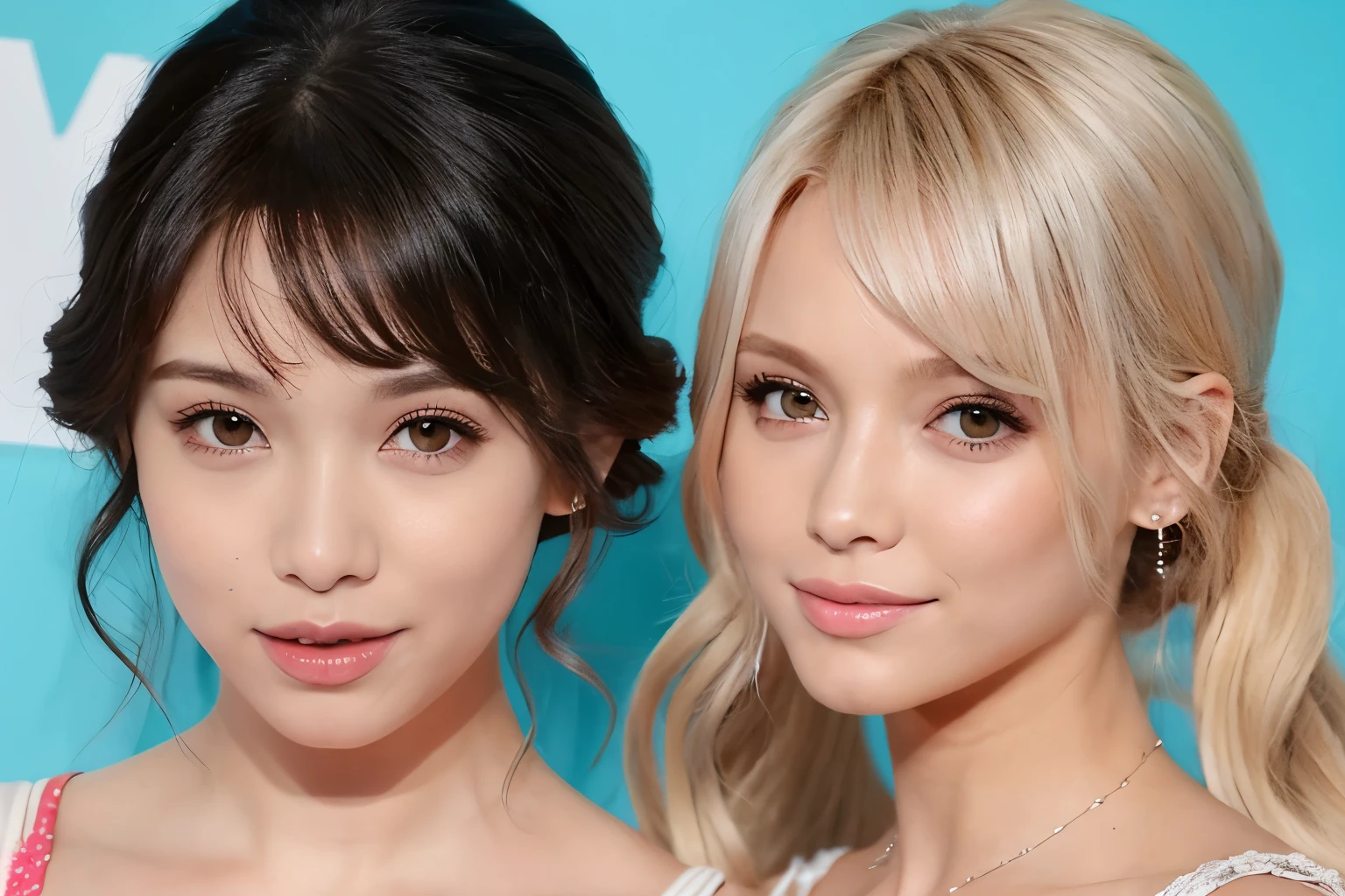 1garota,olhos cativantes verde vermelho,cabelos azul pontas roxo,2 boys with black hair with white ends and white hair with pink ends , rostos bonitos