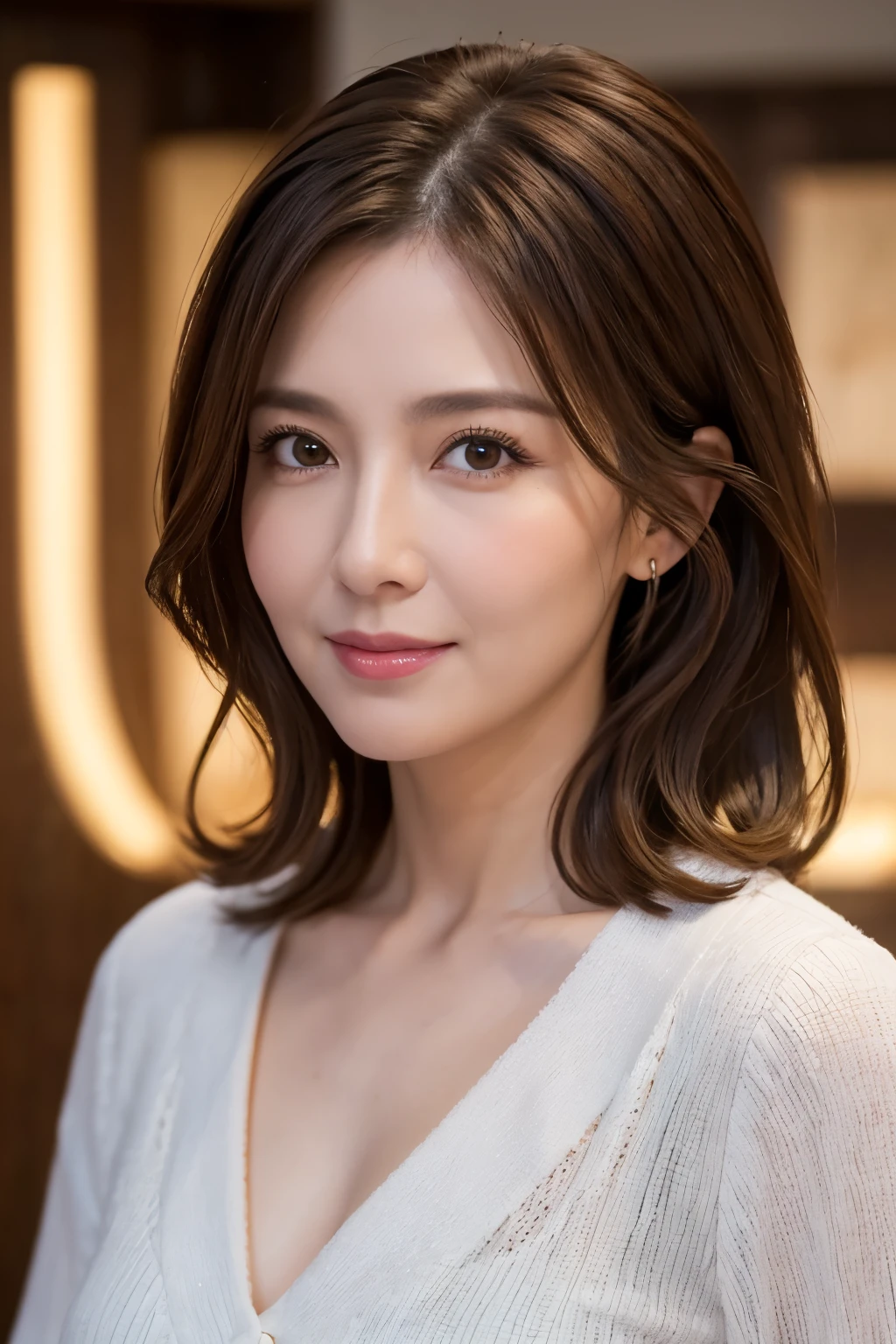 8K, Super detailed, masterpiece, highest quality, Photoreal, detailed face, detailed eyes, 40 year old woman, 1 person, cute face, The lower lip is thick and plump, facing the front, ((view audience)), gorgeous hairstyle, thin clothes, small and well-shaped bust