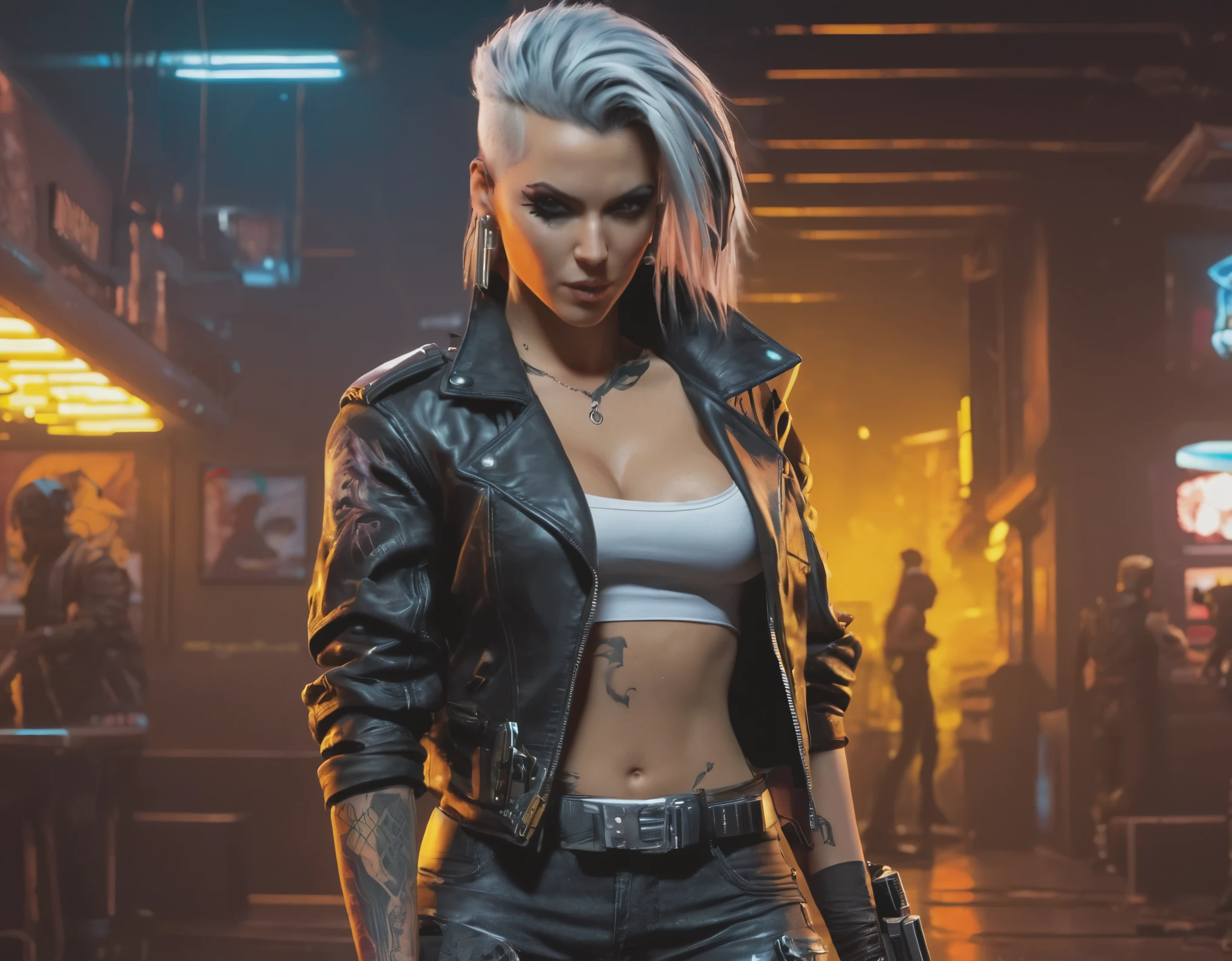 cyberpunk, woman,  tattoos:1.4, fashion, character adorned with cybernetic enhancements, weapon, ((skinny)), frail,  leather vest, boots, science fiction, vivid, sharp,  sitting, neon, white short  hair, side view shot,(highly detailed masterpiece Realistic extremely hyper aesthetic trending on artstation),Legend of Zelda style Vibrant fantasy detailed epic heroic reminiscent of The Legend of Zelda series,Ethereal Lighting, top of building, sky scrapers, Phase One XF IQ4 150MP,A lack of clear and concise safety procedures in place for different tasks <lora:seated_fashion_v2:.3><lora:cyberpunk_v4-000003:.5>