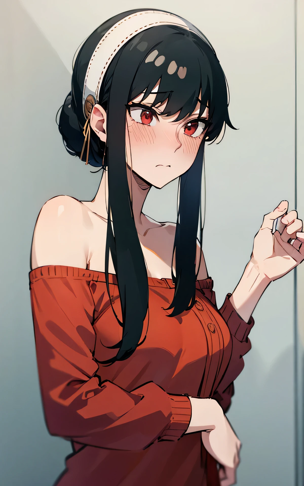 absurderes:1.8, realistic, Unity 8K Wallpaper, Masterpiece, detailed hair, highly detailed, realistic glistening skin、(dark-haired、short hair with long locks、white hairband、Red Eyes、off shoulders、Red Sweater、long-sleeve)、(embarrassed、blush:1.3)、
