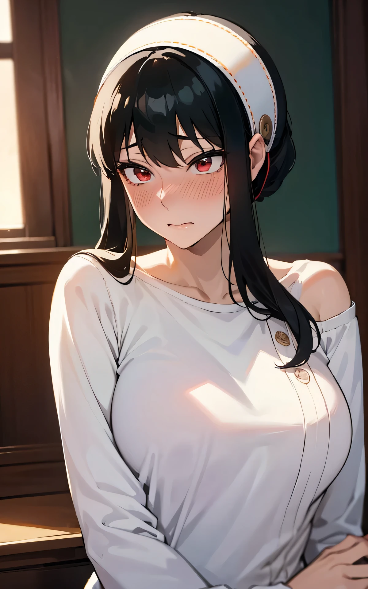 absurderes:1.8, realistic, Unity 8K Wallpaper, Masterpiece, detailed hair, highly detailed, realistic glistening skin、(dark-haired、short hair with long locks、white hairband、Red Eyes、off shoulders、Red Sweater、long-sleeve)、(embarrassed、blush:1.3)、