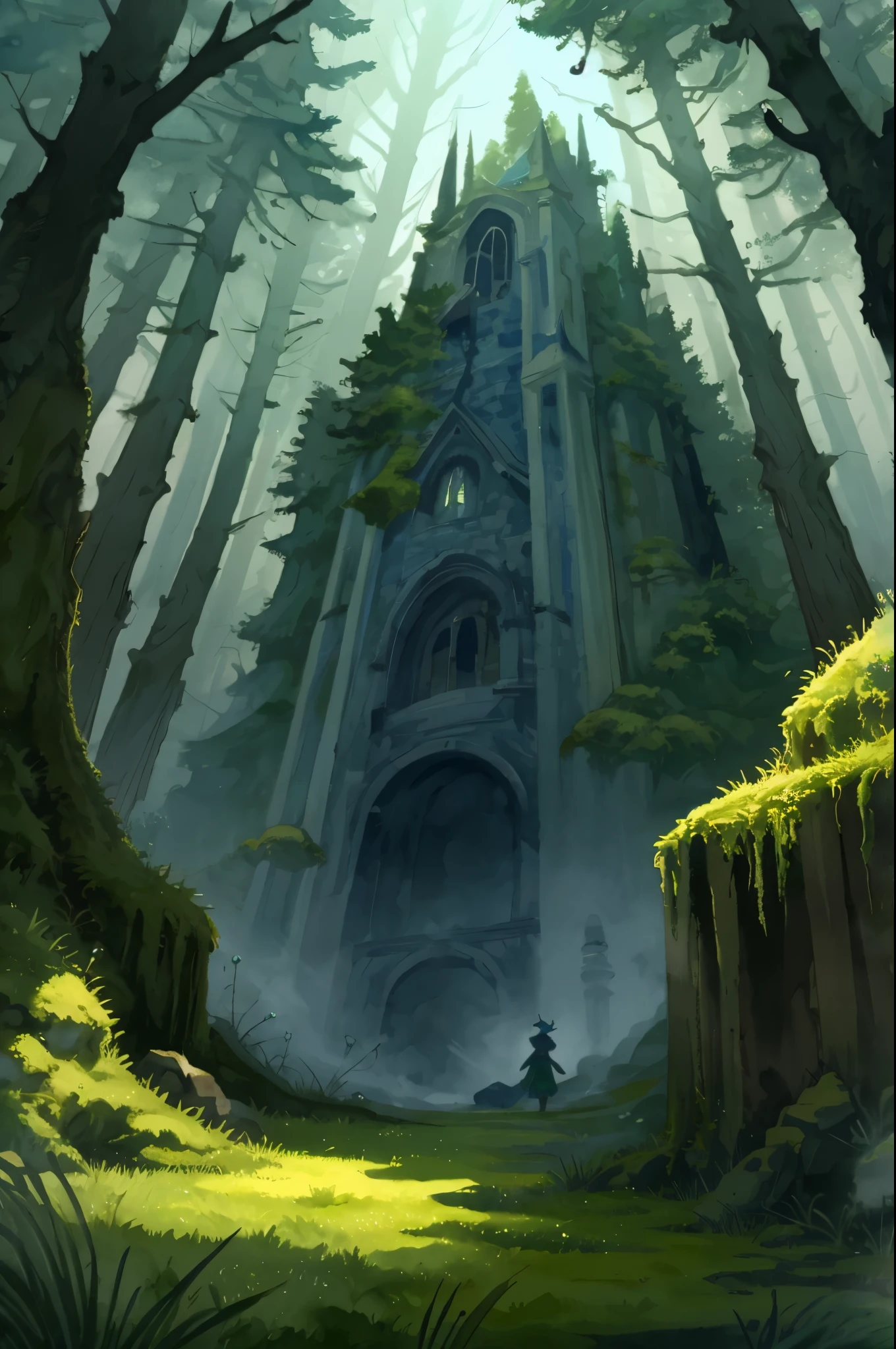 cover page, highres, paid reward available, unparalleled masterpiece, perfect anatomy, terrifying tale, Hansel and Gretel in Temporal Watercolor style, with sky blue and moss green watercolor elements that seem to shift through time, good lighting, volumetric lighting, cinematic shadow,