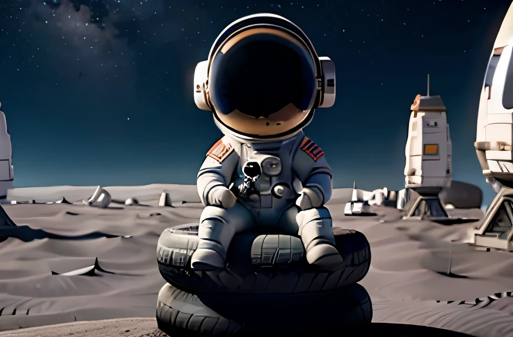 Um astronauta sentado em um pneu, na Lua, olhando para um planeta. It appears captured through a lens that gives the sensation of distance between the astronaut and the camera