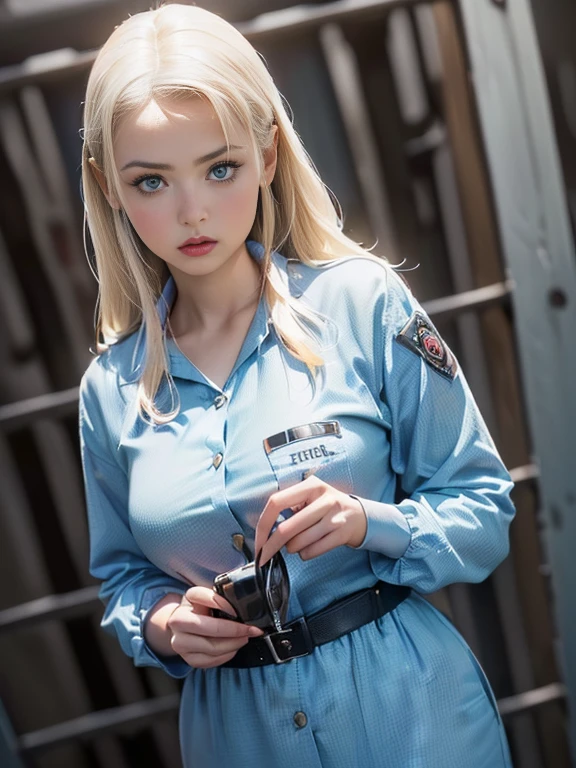 (best quality, 8k, highres, photorealistic:2.0), (solo, one girl:2.0),(lighting: front),(lighting: strong),(ultimate beautiful girl:2.0),(shiny skin),(oily skin),(platinum blonde hair:1.3),(straight long hair:2.0),Blush brown makeup , dark eye makeup , use pink glossy lipstick,(big beady eyes girl:1.5),(thin girl:1.5),(baby face girl),(Photographed at a serious criminal prison:1.8),(Wearing prison uniform:1.8),(she is a prisoner:1.5),(criminal girl:1.5),(sex appeal:1.7),(Girl serving time for robbery and murder:1.7),(Girl who is a long-term prisoner:1.5),(A girl who was the leader of a group of robbers),(The girl is a dishonest prisoner),(sweet smelling girl)