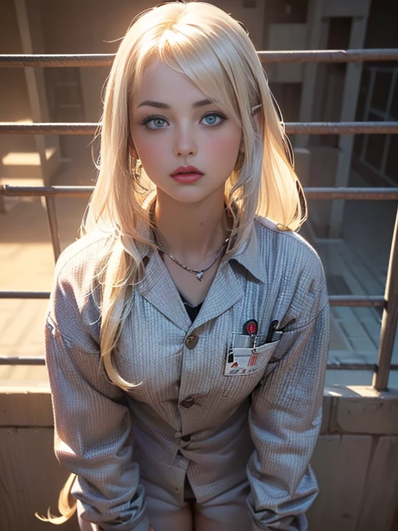 8K, Best Quality, Masterpiece, Ultra High Resolution, (Realism: 1.4), Original Photo, (Realistic Skin Texture: 1.3), (Film Grain: 1.3), (Selfie Angle), 1 Girl, Beautiful Eyes and Face Details, Masterpiece, Best Quality, Close-up, full body, Looking at the Viewer, sexy underwear, no bra, lewd, school girl, sailor uniform, classroom, long legs, tall, pale skin, blonde hair, white skin, reveal uniform, reveal clothes, reveal underwear, expose clothes, expose underwear, expose uniform