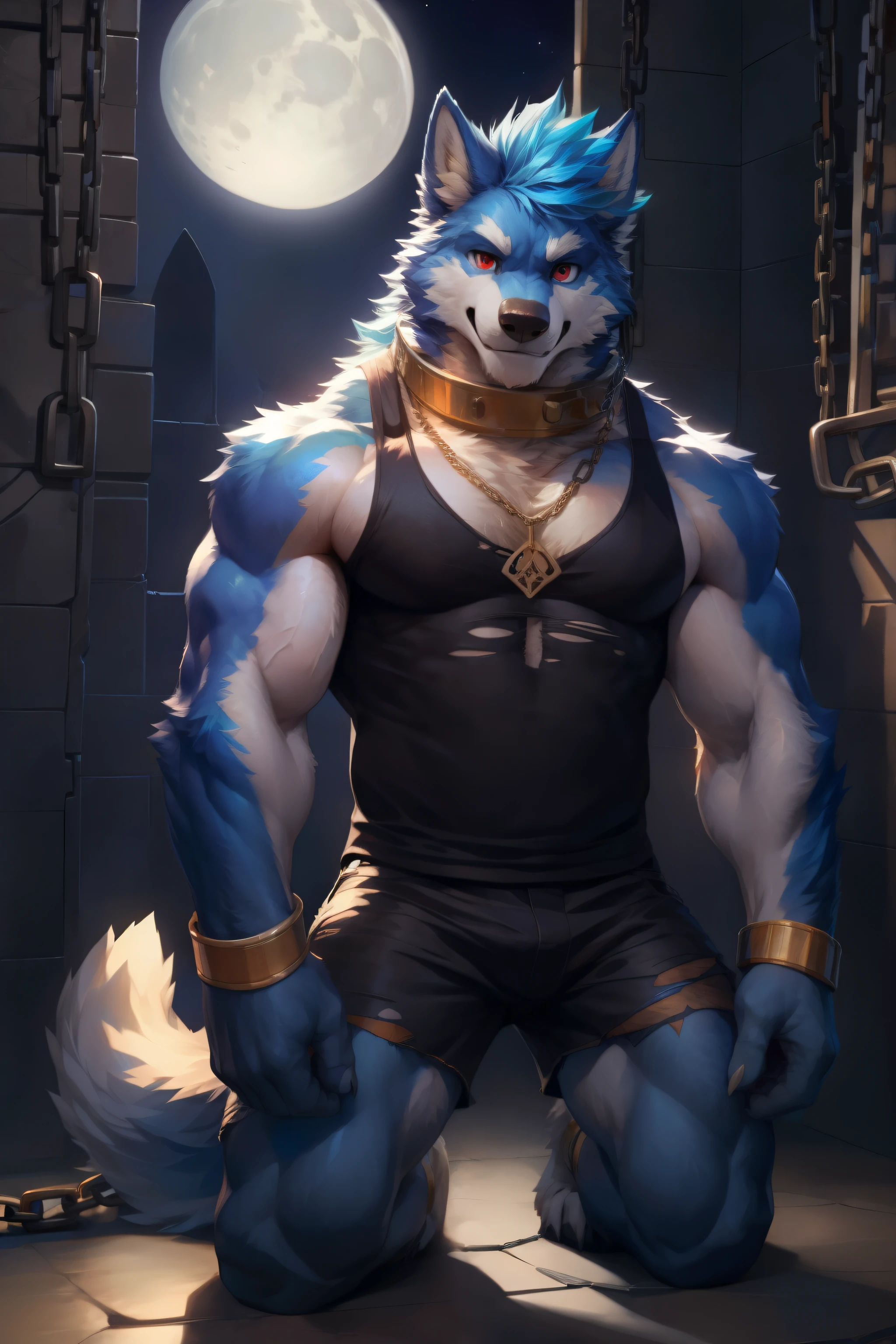 solo,anthro,furry,furry male, Wolf, ((fluffy fur,fluffy,furry body)), (Blue fur, ancient Wolf print), (blue body), night sky, dark room, Blue mohawk, red eyes, (bright red eyes) short messy hair, tail, blue hair, sky blue eyes, detailed fluffy fur, torn tank top, chain on neck, arms shackled, shackles on wrists, kneeling, dark prison cell, heavy shadows, no window, moonlight shining, chains on wall, wearing shackles, cell door, starry sky, detailed face, detailed eyes, dark blue torn shorts, Gold trimming, gold trim, torn black tank top, crest, string necklace, crystal, blue pendant, detailed clothes, shirt, detailed tank top, tight shorts, black torn shorts, metal collar, gold straps, white muzzle, full body, muscular, fantasy indoors, jail cell, (by null-ghost, by racoon21, masterpiece, high quality,hi-res,8k had), standing,close-view portrait, looking at viewer, indoor, frowning expression, dark shadows, chains, pose, cell, midnight,