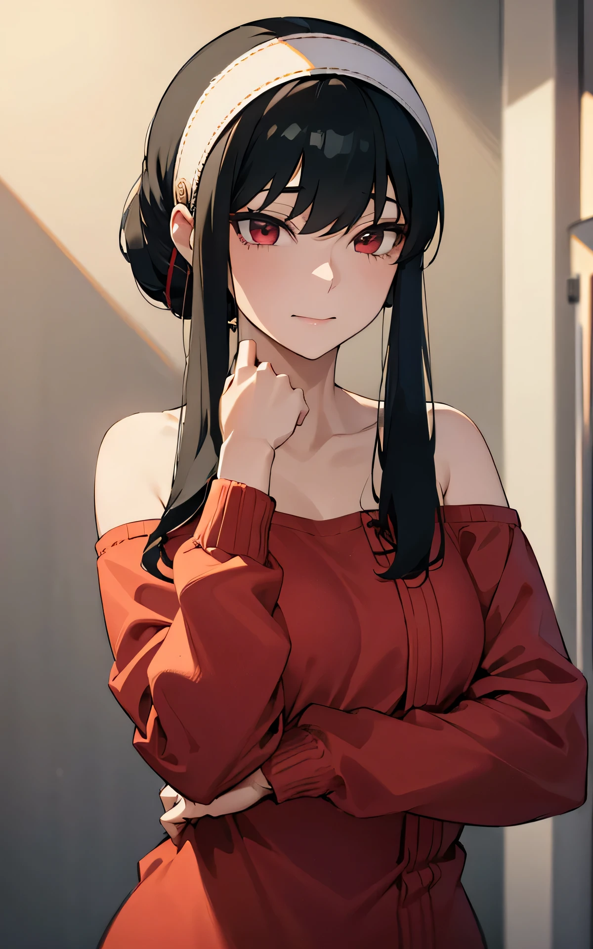 absurderes:1.8, realistic, Unity 8K Wallpaper, Masterpiece, detailed hair, highly detailed, realistic glistening skin、(dark-haired、short hair with long locks、white hairband、Red Eyes、off shoulders、Red Sweater、long-sleeve)、(light smile:1.3)、
