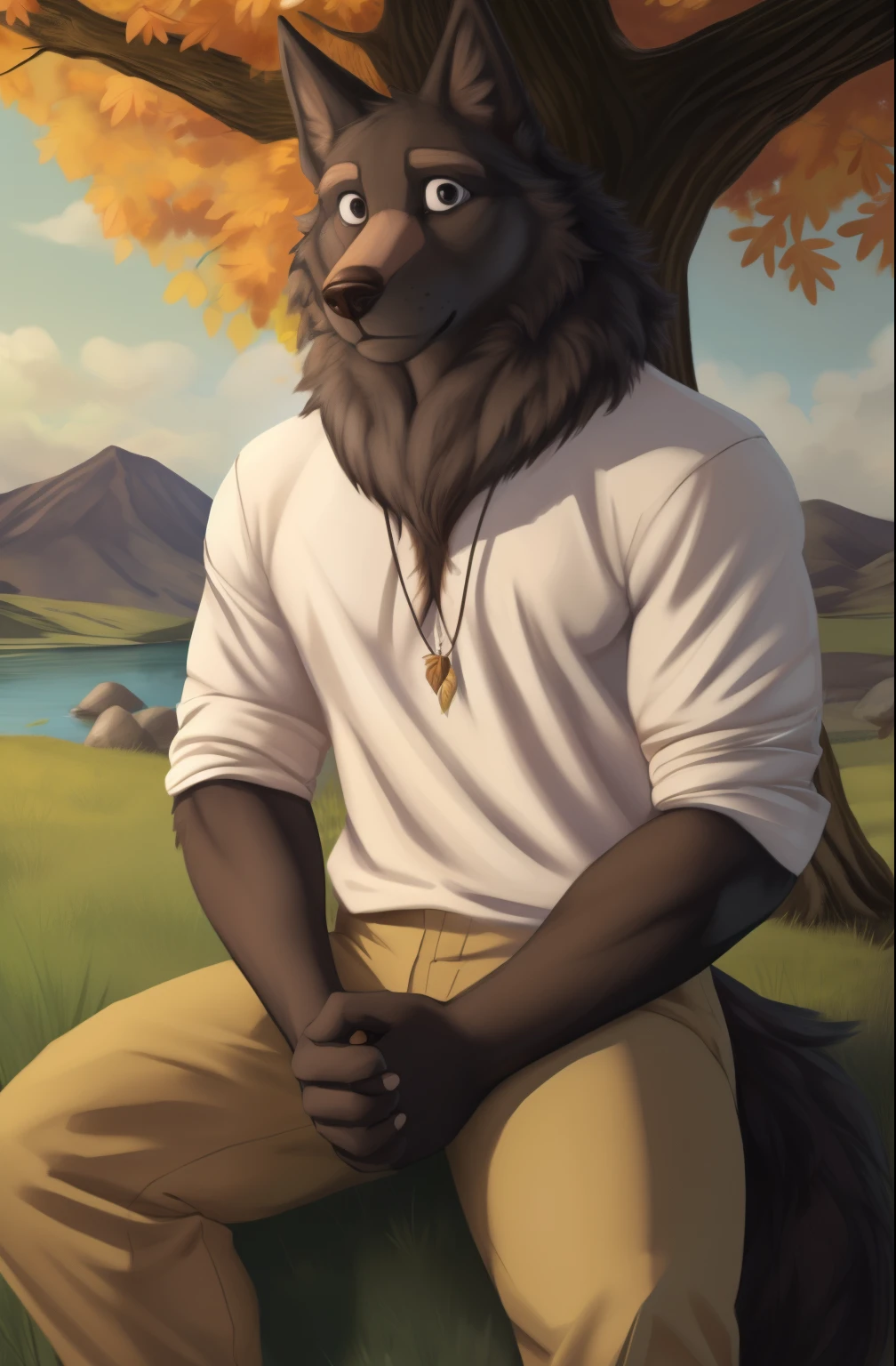 Lyall, Male, muscular, tail, wolf tail, (outside:1.3), portrait, (posing:1.3), (Soft shading), 4k, it&#39;s empty here, ((detailed face, (detailed eyes:1.0), detailed)), от zackary911, from Sausch, (for dating:0.5), shirt, holding, Sitting, white shirt, Male focus, on open air, trousers, water, Black eyes, tree, grass, sleeves rolled up, stone, autumn leaves, brown trousers, muzzle, 