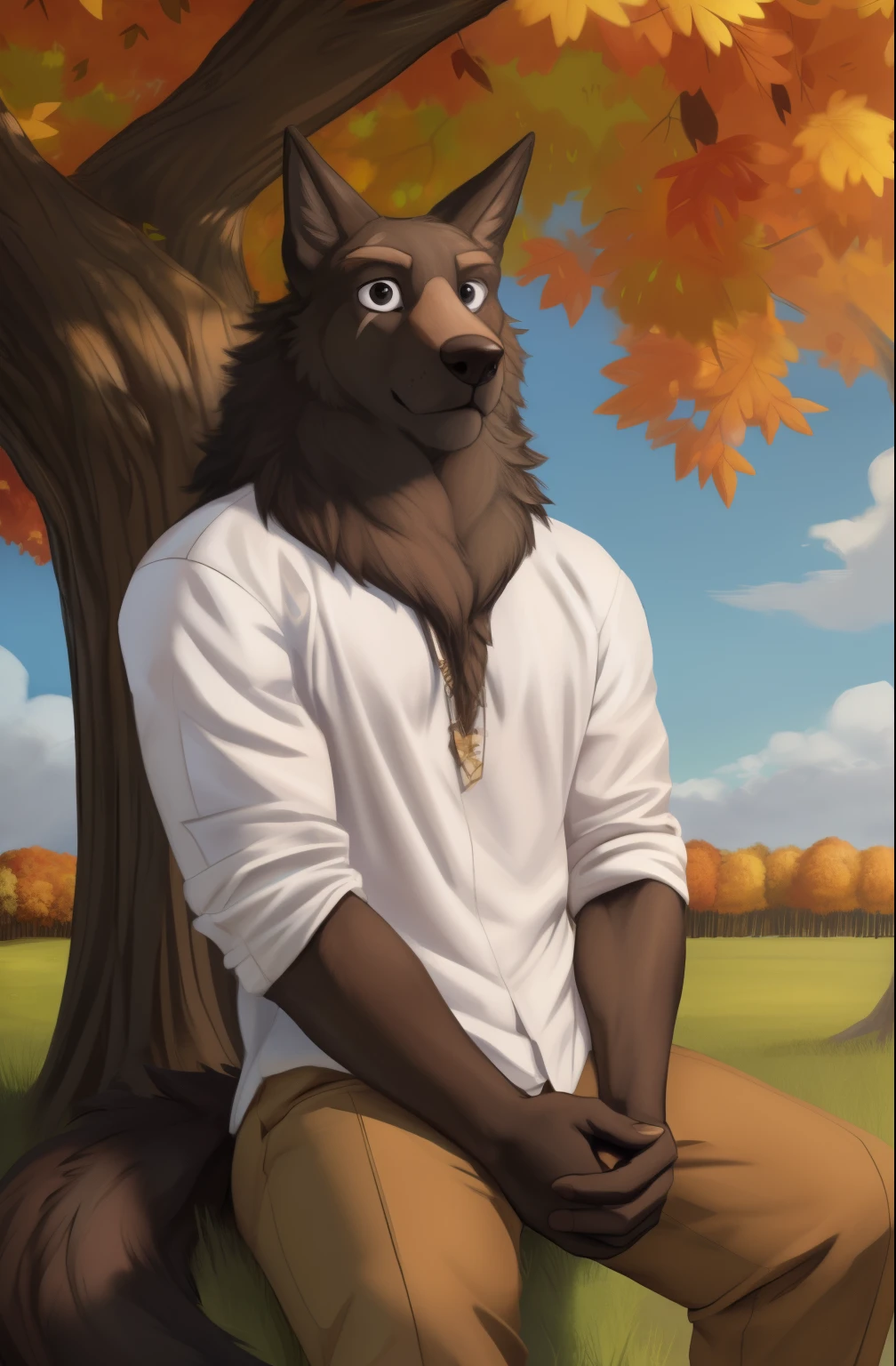 Lyall, Male, muscular, tail, wolf tail, (outside:1.3), portrait, (posing:1.3), (Soft shading), 4k, it&#39;s empty here, ((detailed face, (detailed eyes:1.0), detailed)), от zackary911, from Sausch, (for dating:0.5), shirt, holding, Sitting, white shirt, Male focus, on open air, trousers, water, Black eyes, tree, grass, sleeves rolled up, stone, autumn leaves, brown trousers, muzzle, 