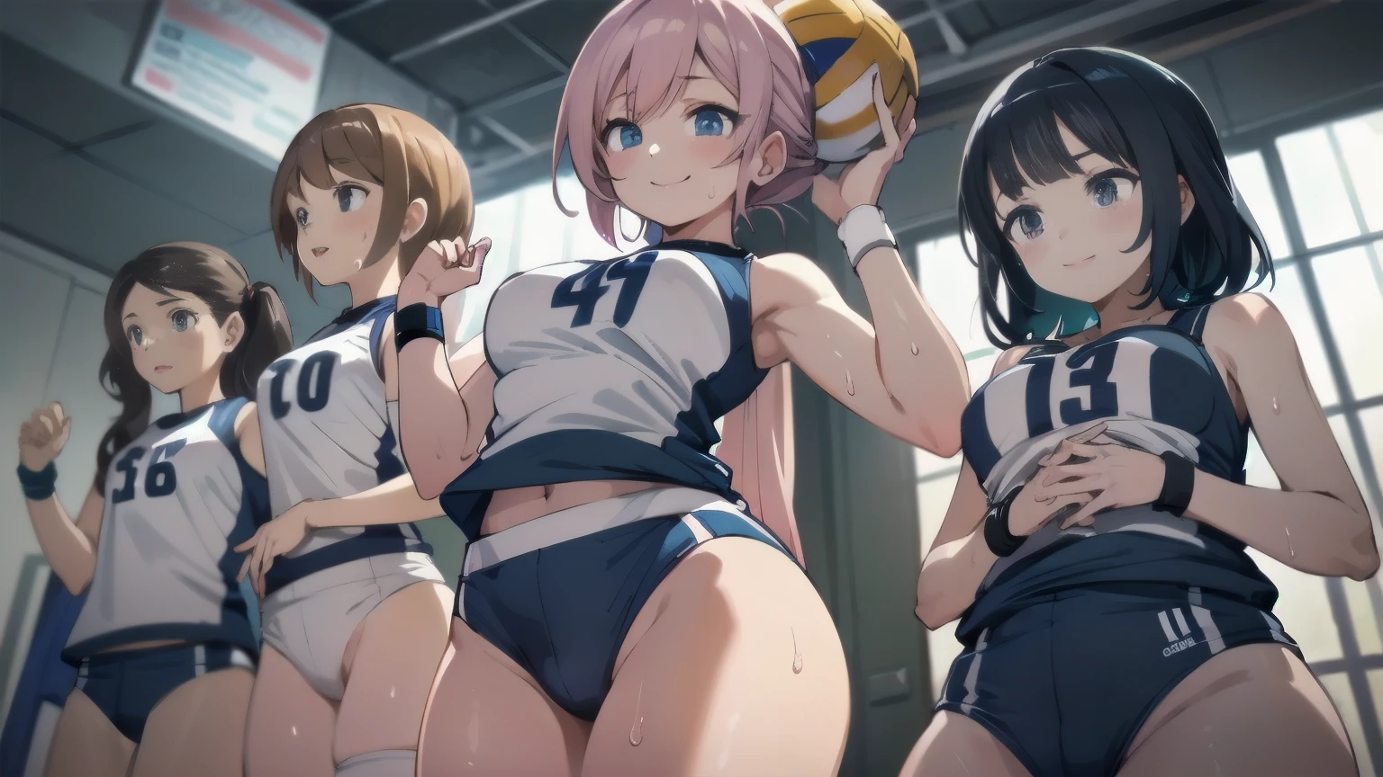 unity 8k wallpaper, anatomically correct, (((masterpiece))), (((best quality))), (((ultra detailed))), (((high-resolution))), ((super fine illustration)), ((Ultimate cutie)), ((detailed beautiful face)), perfect hands, perfect finger, (((good anatomy))), BREAK, multiple girls, lovingly gaze, harem, group picture, , (potbelly), (Curve), medium breasts, ((thick thighs)), Shiny hair, (((coquettish smile))), (((blush))), BREAK, Adidas, Sleeveless collared Volleyball Uniforms, ((wristbands)), BREAK, (Hold the beautiful spherical 6-inch volleyball), ((Sweat)), (perspired), (Heavy breathing), in gymnasium, in volleyball court, depth of field, strong light, cowboy shot,,