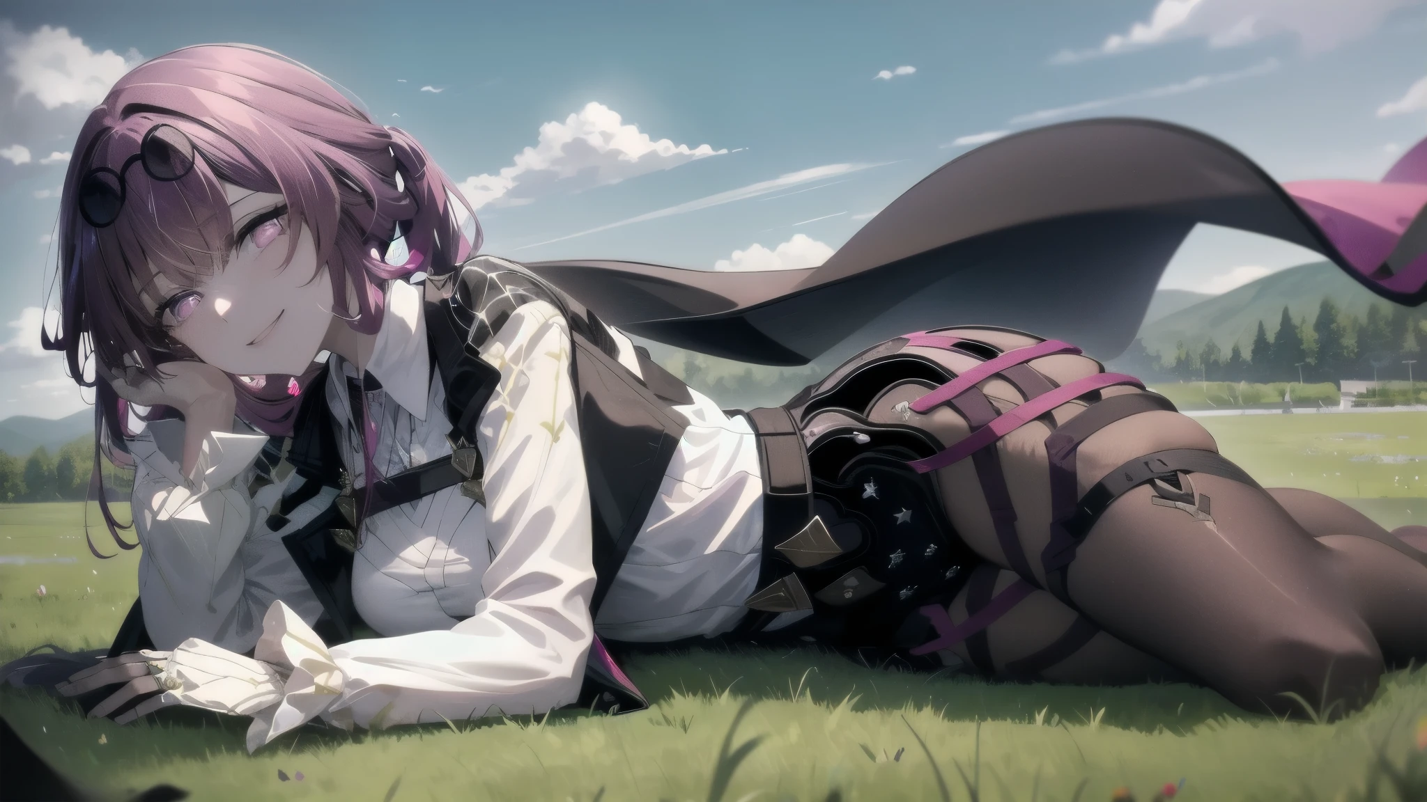 masterpiece, best quality, 1girl, kafka, purple hair, long hair, bangs, purple eyes, eyewear on head, white shirt, jacket on shoulders, pantyhose, full body, smile, looking at viewer, solo, grass, blue sky, meadow background 