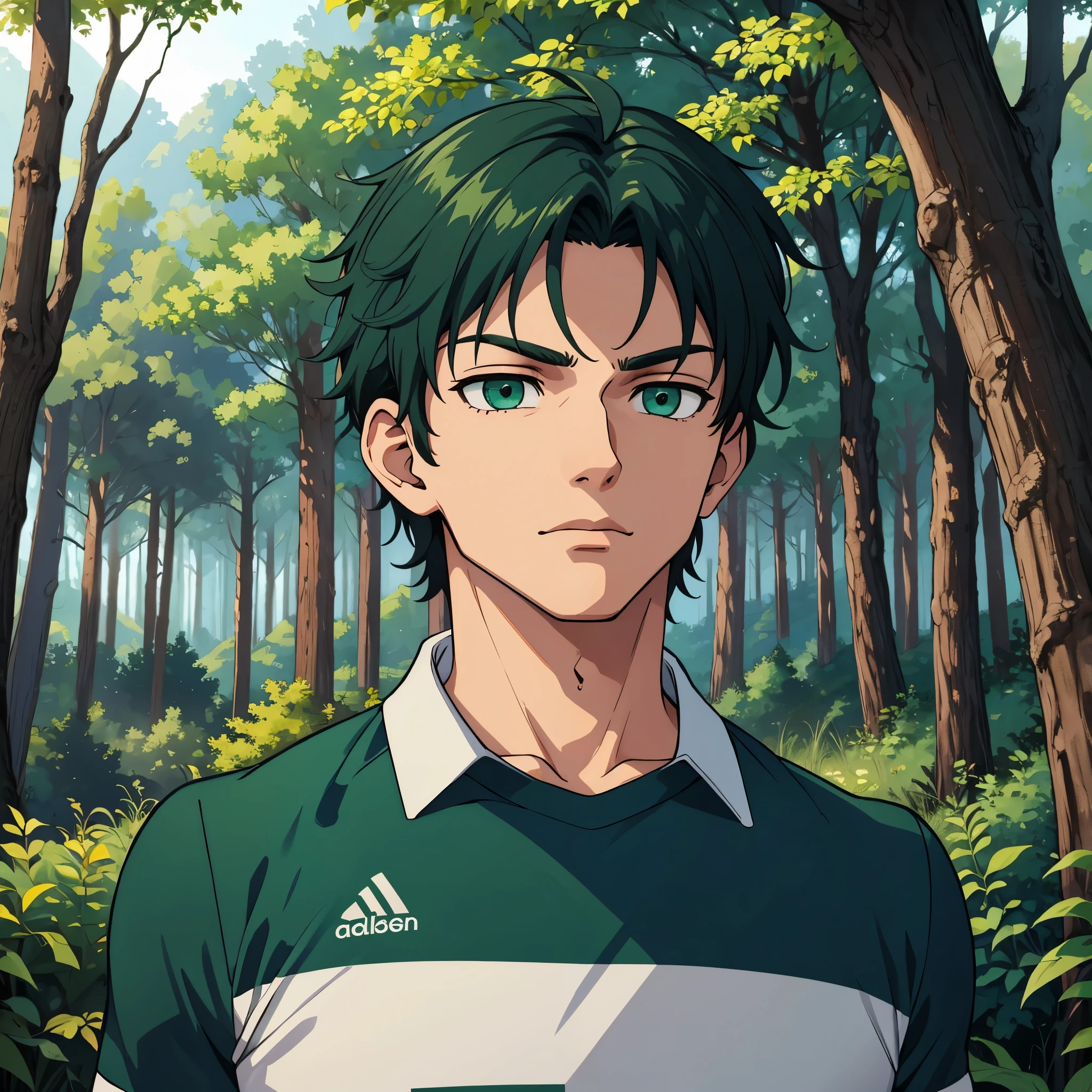 1boy, masculino, soccer uniform , green eyes , inside the forest, wild, forest