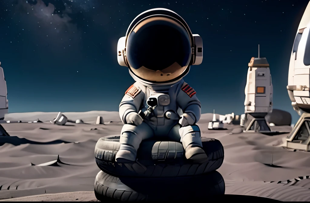 An astronaut sitting on a tire, on the moon, looking at a planet. It appears captured through a lens that gives the sensation of distance from the astronaut to the camera