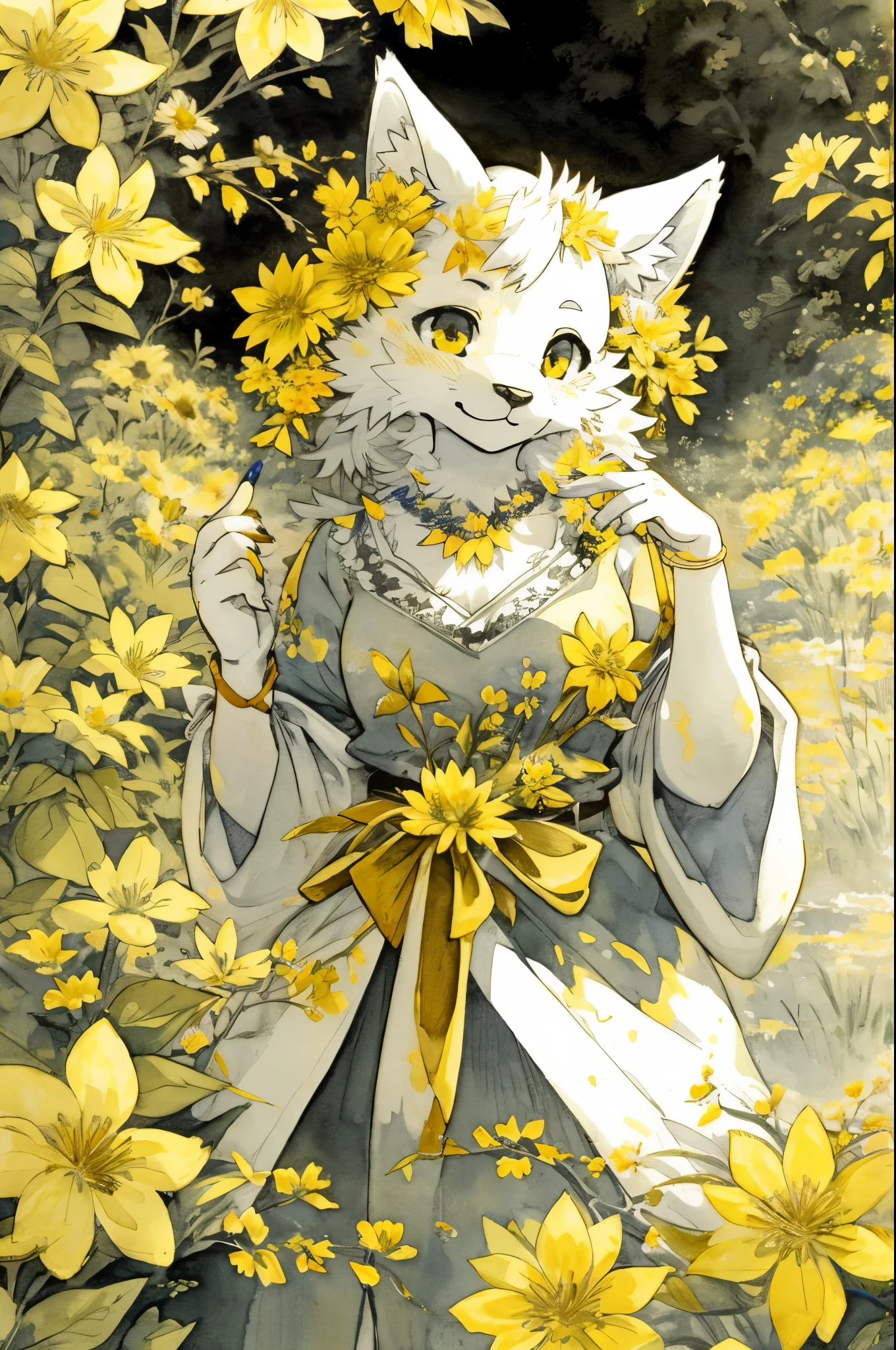 monochrome, watercolor, highres, top quality, best quality, paid reward available, High-quality illustrations, unparalleled masterpiece, perfect artwork, absurdres, 1girl, kemono, furry, detailed body fur, animal face, animal hand, Archaic Smile, holding a cluster of  yellow flower in both hands, which are positioned at chest level, She is wearing a simple ring on the ring finger of her left hand, unfocused spread of yellow flower, fan-created work shared on platforms Pixiv or Twitter, Watercolor elements that seem to shift through time,