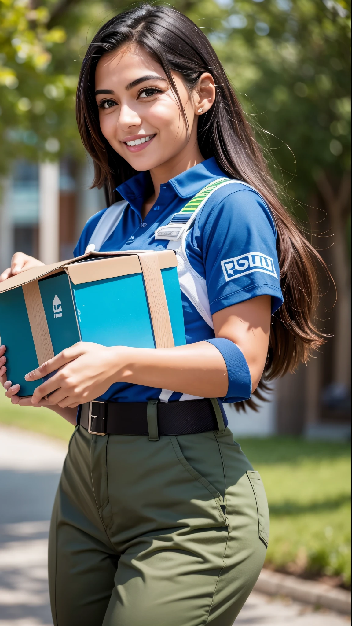 arafed delivery girl holding a box and a clipboard, pretty young girl, delivering parsel box, product introduction photo, delivering mail, delivering packages for amazon, blue and green uniform, holding a clipboard, 3/4 profile, avatar image, professional work, information, outdoors business portrait, shoulder in front pose, (detailed hands), acessorios detalhados, (postura confiante), sorrindo, without text, profile shot, photo portrait, full length shot, mid shot portrait