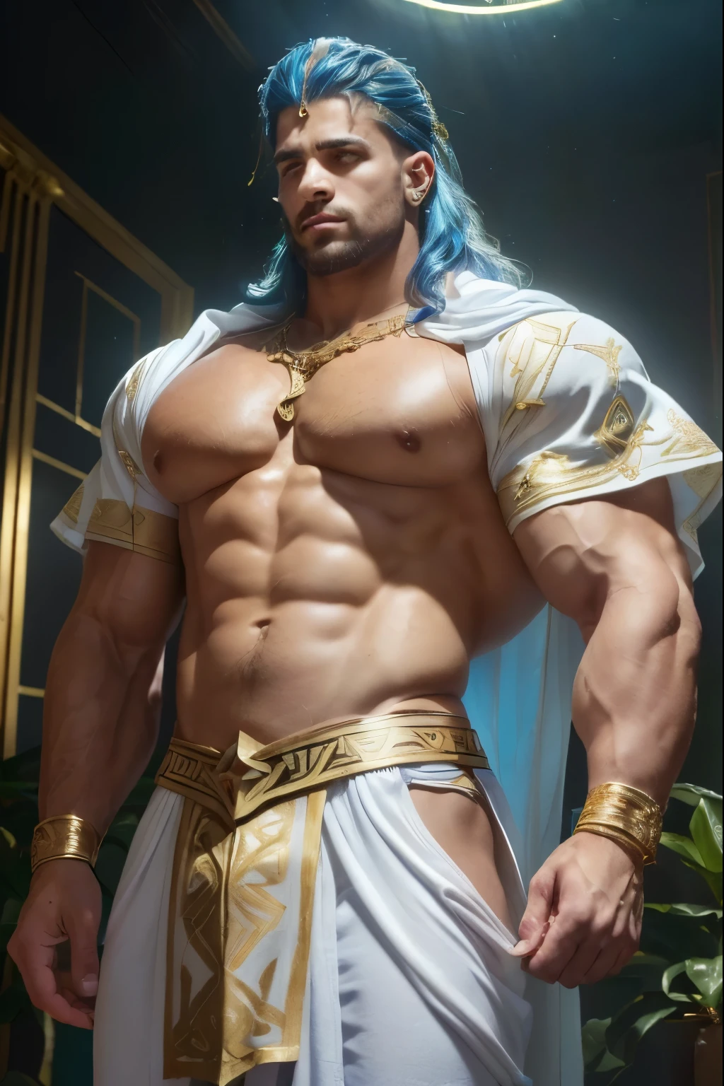 (Obra maestra)), ((Mejor calidad:1.2)), high resolution, 8K, (ultra_realista:1.3), (photorealista:1.4), (Plantilla de Instagram, elegante:1.2), ((God Zeusculous with incredibly huge bodybuilder shape., Zeus tiene un rostro imponente y majestuoso, con ojos profundos y penetrantes que parecen (chispear con electricidad), una boca ancha y seria, and proportionate ears with well-defined lobes. Posee una nariz recta y prominente. Su cabello es largo, ondulado y oscuro, con (destellos dorados), fluyendo en mechones sobre sus hombros y espalda. His body is muscular and athletic.., con una postura erguida que denota confianza y autoridad. Suele llevar largo, flowy tunics embellished with gold details., con colores predominantes de blanco, dorado y azul. Las texturas de su vestimenta son suaves y fluidas, evocando elegancia y nobleza. En cuanto a medidas, se le describe como un ser de estatura imponente, surpassing in height the other gods and mortals.