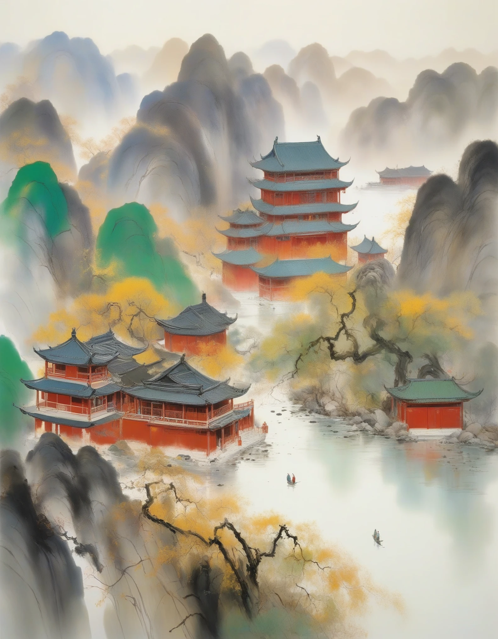 Works by Wu Guanzhong, (South of Sebei River, China), Wu Guanzhong's style is an artistic style that combines traditional Chinese ink painting techniques with Western concepts, characterized by the use of modern perspectives in interpreting traditional themes and creating unique visual effects through color and line.