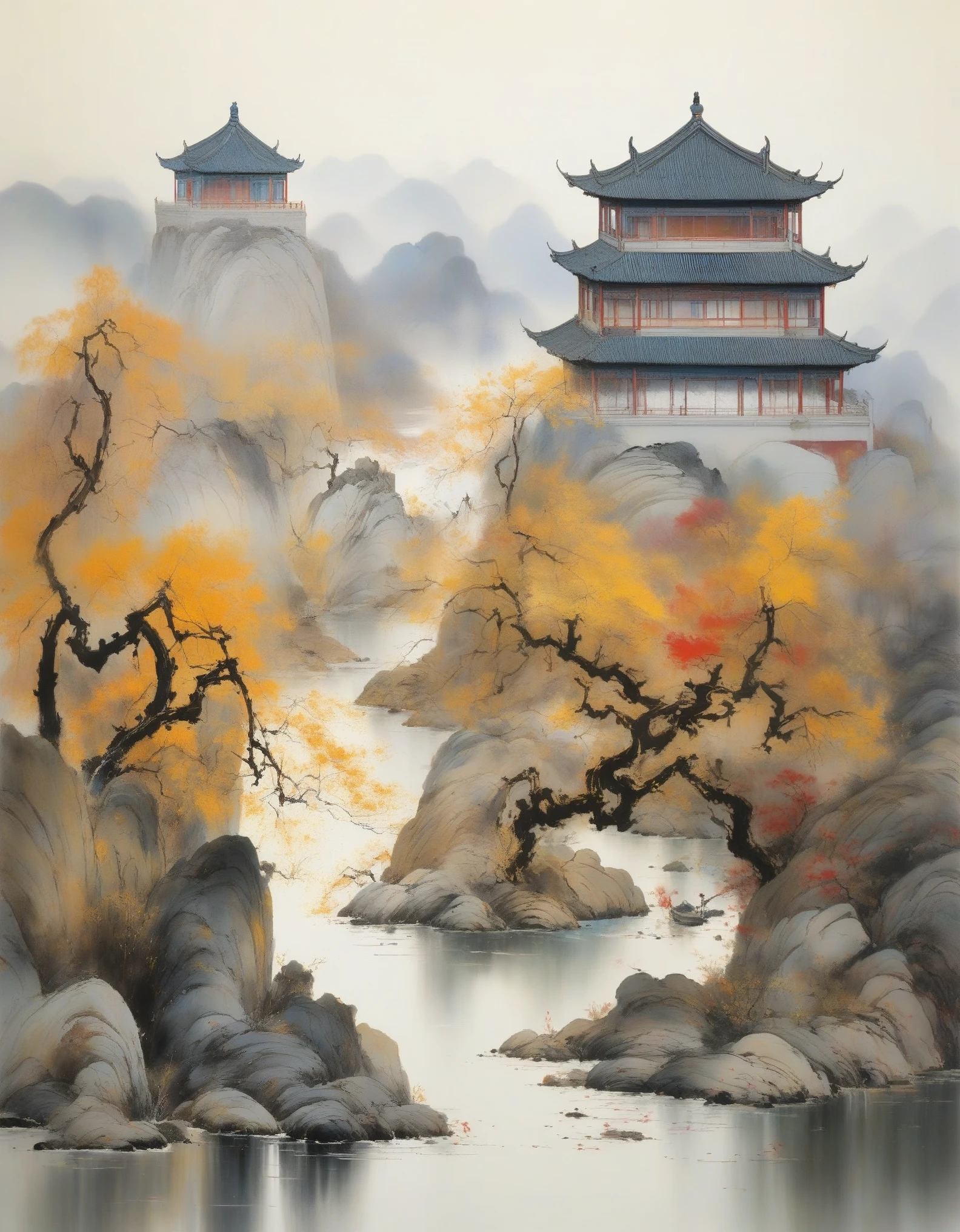Works by Wu Guanzhong, (South of Sebei River, China), Wu Guanzhong's style is an artistic style that combines traditional Chinese ink painting techniques with Western concepts, characterized by the use of modern perspectives in interpreting traditional themes and creating unique visual effects through color and line.
