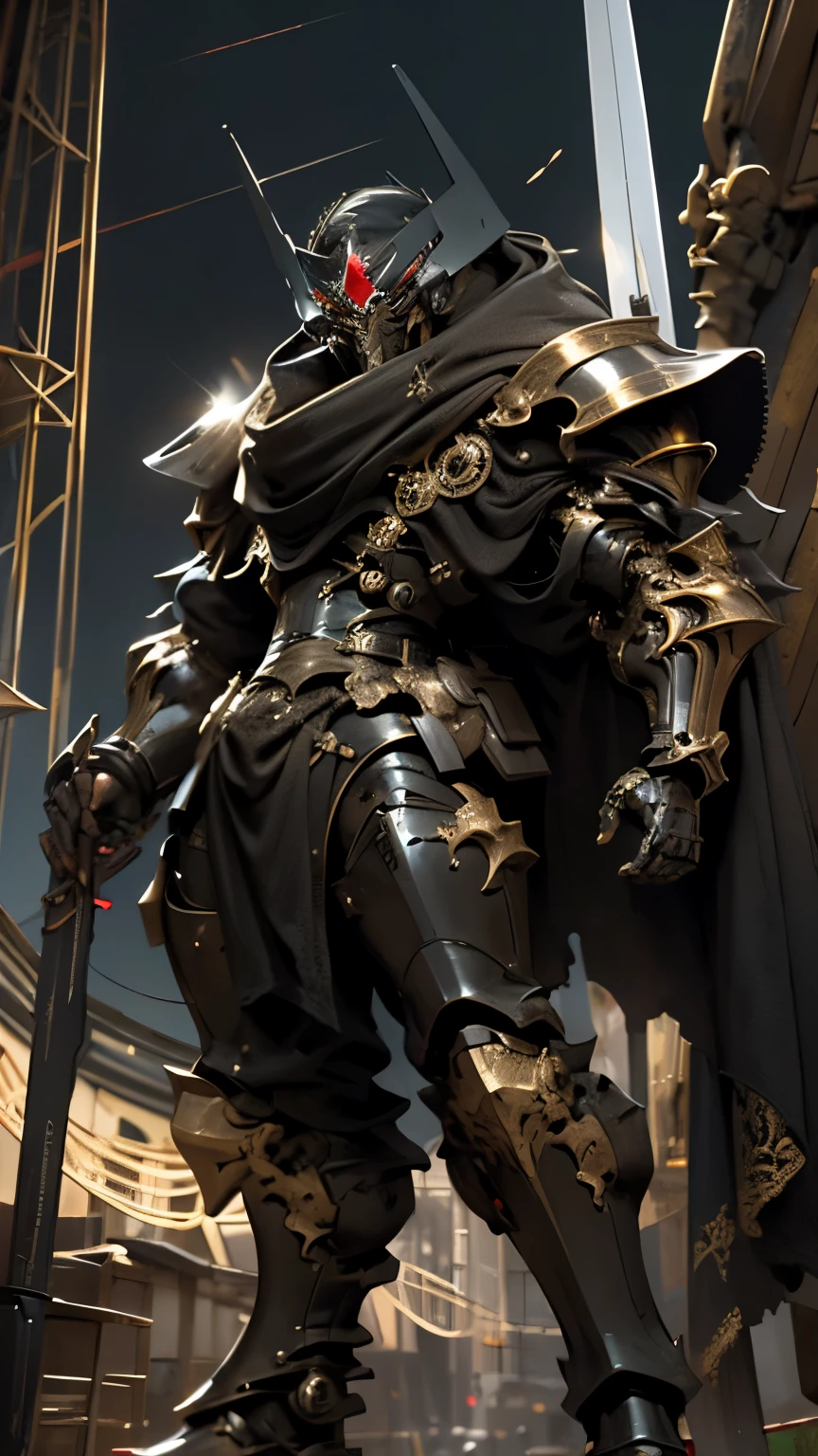 1 man inside a huge sperrig Transformer in German Color Black, Red, Gold , shiny armor, psychedelische Details, 9d,(Hintergrund des Stadtkrieges), Klare Linien, negativer Raum, Hoher Kontrast, Armor color is (schwarz, rot, gold), Deutsche flagge, Show full body portrait , best image quality, perfect resolution, Launisch, scharfer Fokus, German Backround