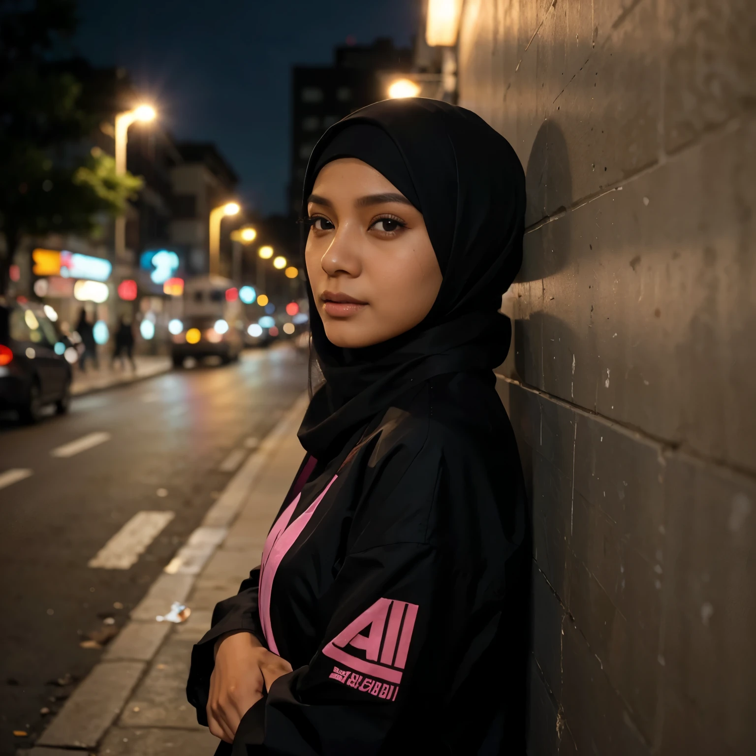 A beautiful indonesian hijaber girl with a cute look leaning at a sidewalk with a print name *Alesha*on the wall clearly written in graffity front large size, on broken wall with vandalisme, gradient photo realistic face clearly vesible with a background of a bustling city syreet at night