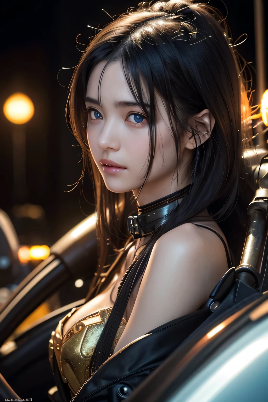 Top Quality, Masterpiece, Ultra High Resolution, (Photorealistic: 1.4), Raw Photo, 1 Girl, Black Hair, Glossy Skin, 1 Mechanical Girl, (Ultra Realistic Details)), Portrait, Global Illumination, Shadows, Octane Rendering, 8K, Ultra Sharp, Big, Cleavage Exposed Raw Skin, Metal, Detail of Intricate Ornaments, Steampunk details, Matsumoto meter, meter, vacuum tube, nixie suga, oil pressure gauge, glass tube, analog meter, gears, golden hydraulic cylinder, very intricate detail, realistic light, CGSoation trend, purple eyes, glowing eyes, facing the camera, neon details, mechanical limbs, blood vessels connected to tubes, mechanical vertebrae attached to the back, mechanical cervical attachment to the neck, sitting, wires and cables connecting to the head, Evangelion, small LED lamps,