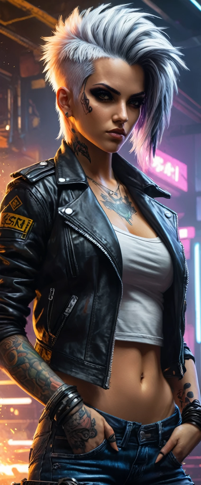 Cyberpunk 2020, Cyberpunk, young Rogue Amendiares from Cyberpunk, ull shot, full body, stands in a feisty and defiant pose, stands back and looks over her shoulder at the viewer Perfect Face, Perfect body, leather jacket, white tank top , jeans, punks hairstyle, white and silver hair with colored highlights, dark makeup, tattoos, hold big gun in hand, the legend ,Afterlife bar Interior, INK, Splash Art, Sharp Focus, Smoke, Sparks, Painting Concept ART of Detailed Character, 4K, comic style, 