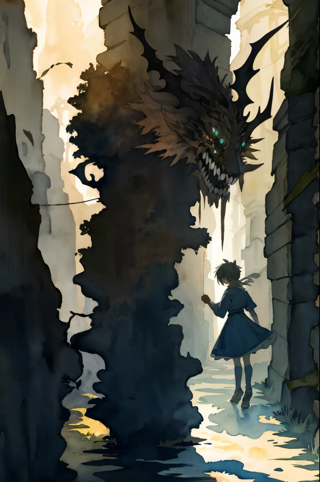 cover page, highres, paid reward available, unparalleled masterpiece, perfect anatomy, terrifying tale, Hansel and Gretel in Temporal Watercolor style, watercolor elements that seem to shift through time, good lighting, volumetric lighting, cinematic shadow,