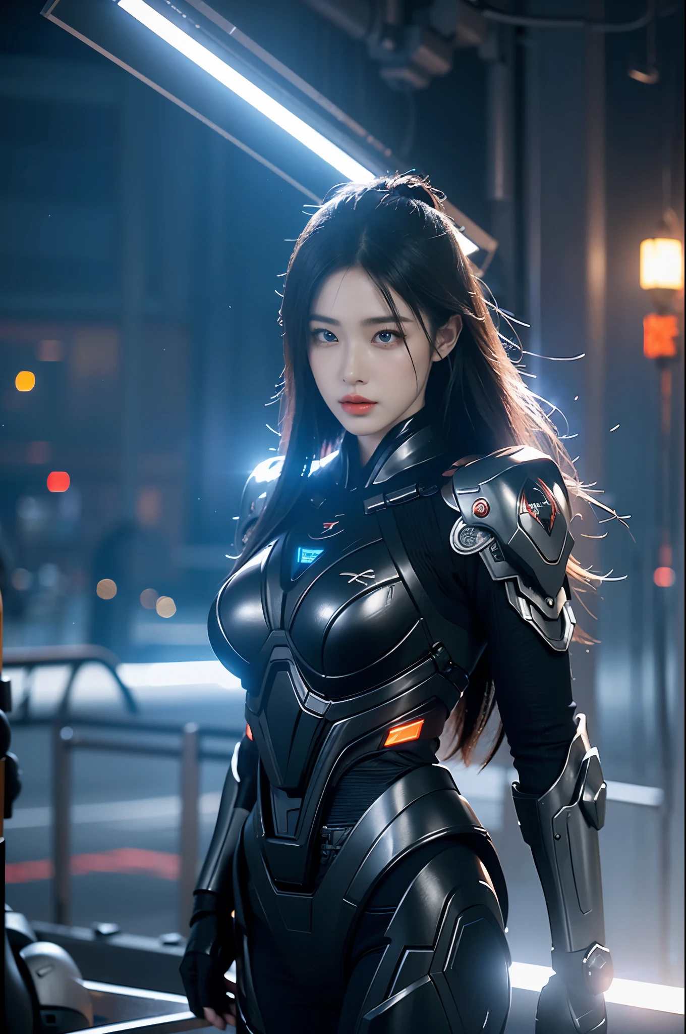 game art，best picture quality，Highest resolution，8k，((A half-length photo))，((portrait))，(rule of thirds)，Unreal Engine 5 rendering works， (Future girl)，(female warrior)， 22-year-old young hacker)，(ancient oriental hairstyle)，(Beautiful eyes full of details)，(big breasts)，(eye shadow)，Elegant and charming，indifferent，((frown))，(A battle suit full of futuristic technology，The costume combines futuristic power armor and，Clothing is decorated with glittering patterns and emblems)，cyberpunk characters，in the style of futuristic， photo poses，city background，lamp，Ray tracing，Game CG，((3D Unreal Engine))，OC rendering reflection pattern