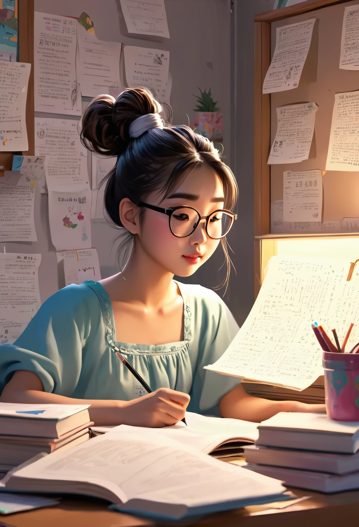 Animated version of a asian girl studying hard for her exam in her table with full of books and wall full of stucky notes and the girl wore a comfortable night dress with hair as messy bun in her room