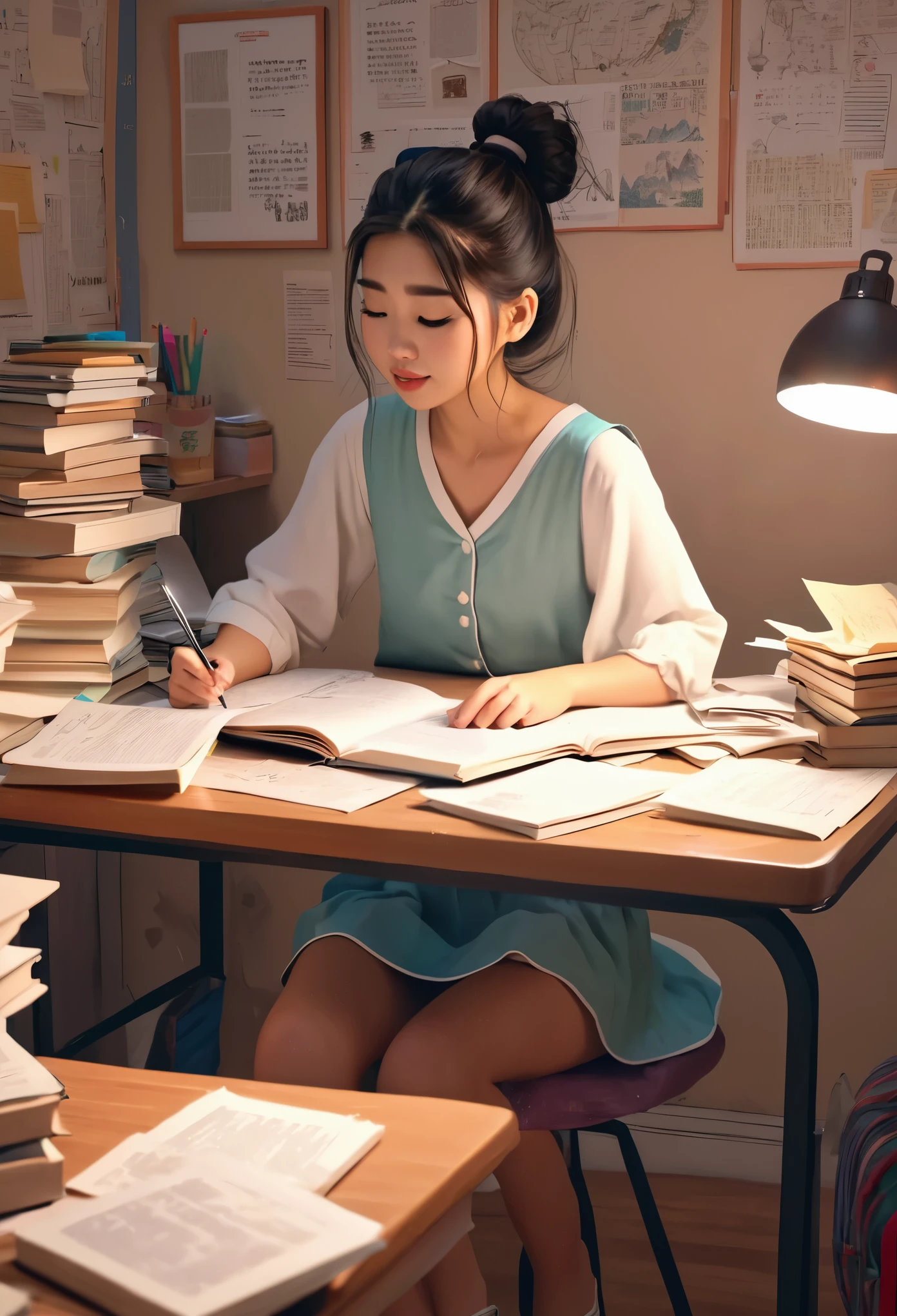 Animated version of a asian girl studying hard for her exam in her table with full of books and wall full of stucky notes and the girl wore a comfortable night dress with hair as messy bun in her room
