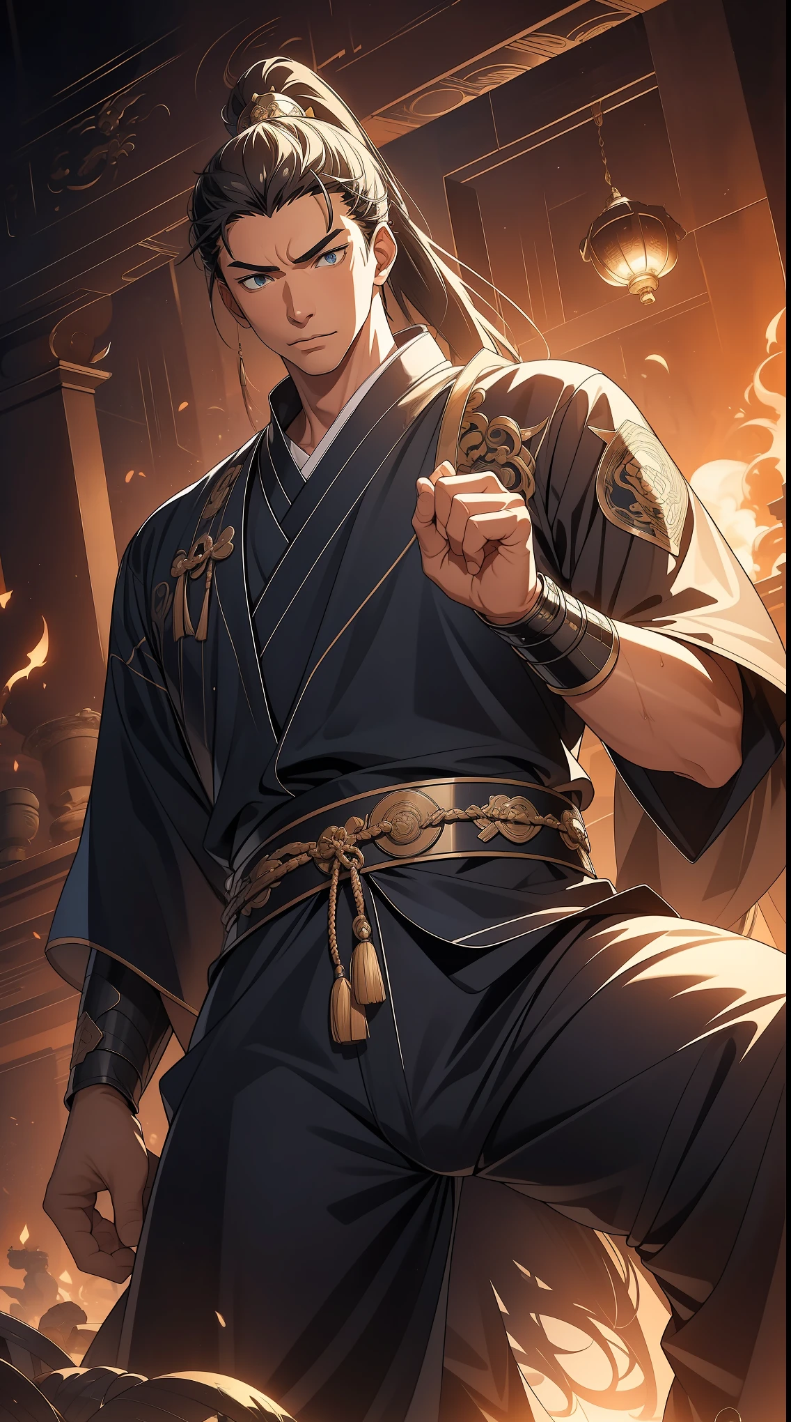 masterpiece, Excellent, daytime, 1 person, Chinese style, ancient China, Huating, eagle, turquoise brown hair, grey-blue eyes, split hair, long hair, long bangs, high ponytail, Handsome, Handsome, Serious, Moderate, High, quiet, dark clothes, gray blue clothes, Dark blue clothes, prince, sword, look down