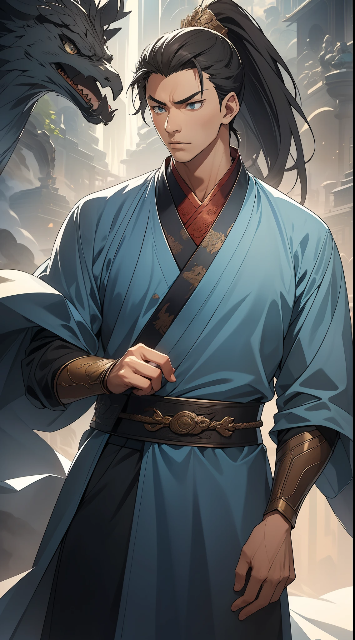 masterpiece, Excellent, daytime, 1 person, Chinese style, ancient China, Huating, eagle, turquoise brown hair, grey-blue eyes, split hair, long hair, long bangs, high ponytail, Handsome, Handsome, Serious, Moderate, High, quiet, dark clothes, gray blue clothes, Dark blue clothes, prince, sword, look down