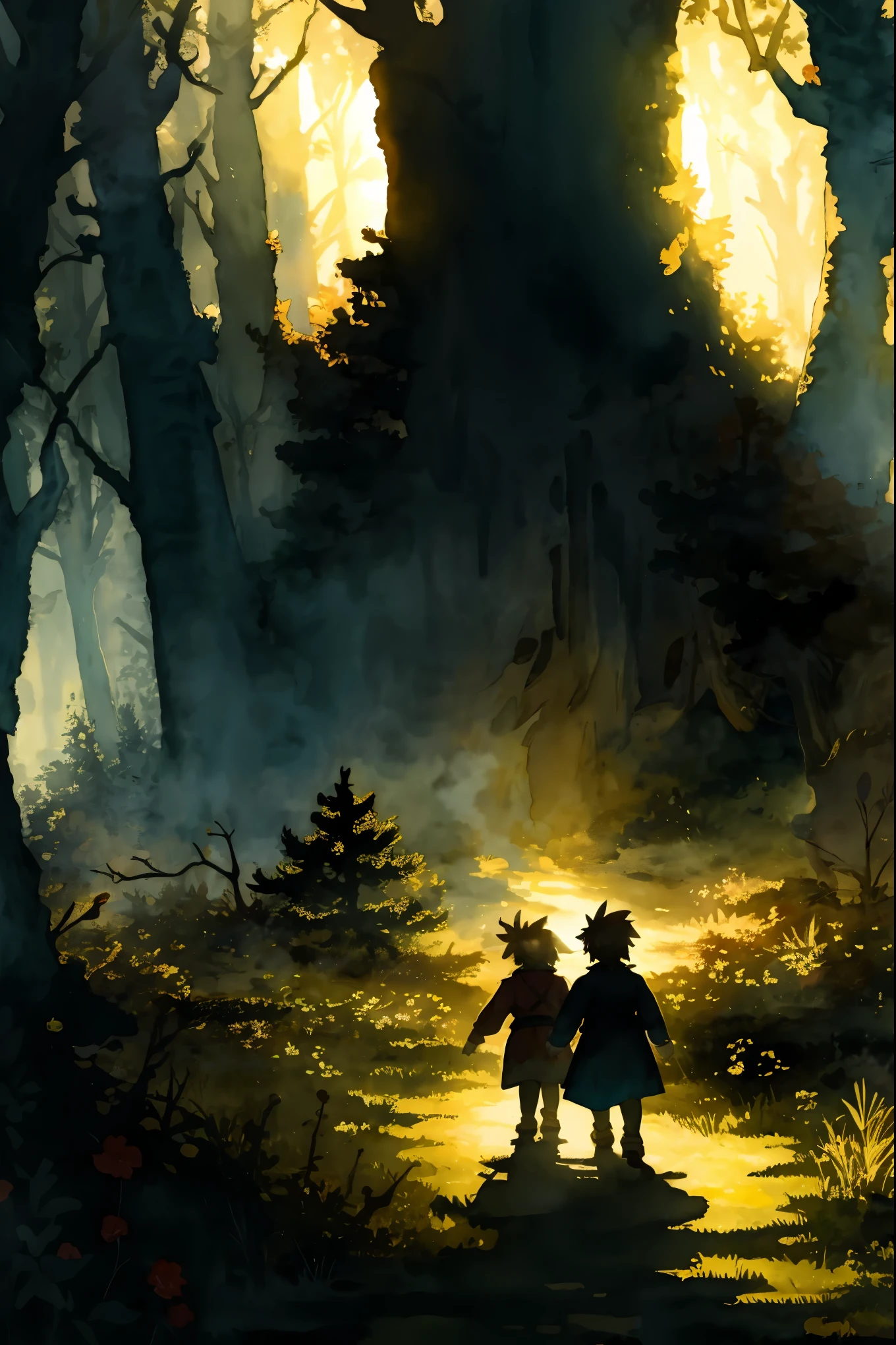 cover page, highres, paid reward available, unparalleled masterpiece, perfect anatomy, terrifying tale, Hansel and Gretel, watercolor elements that seem to shift through time, good lighting, volumetric lighting, cinematic shadow,